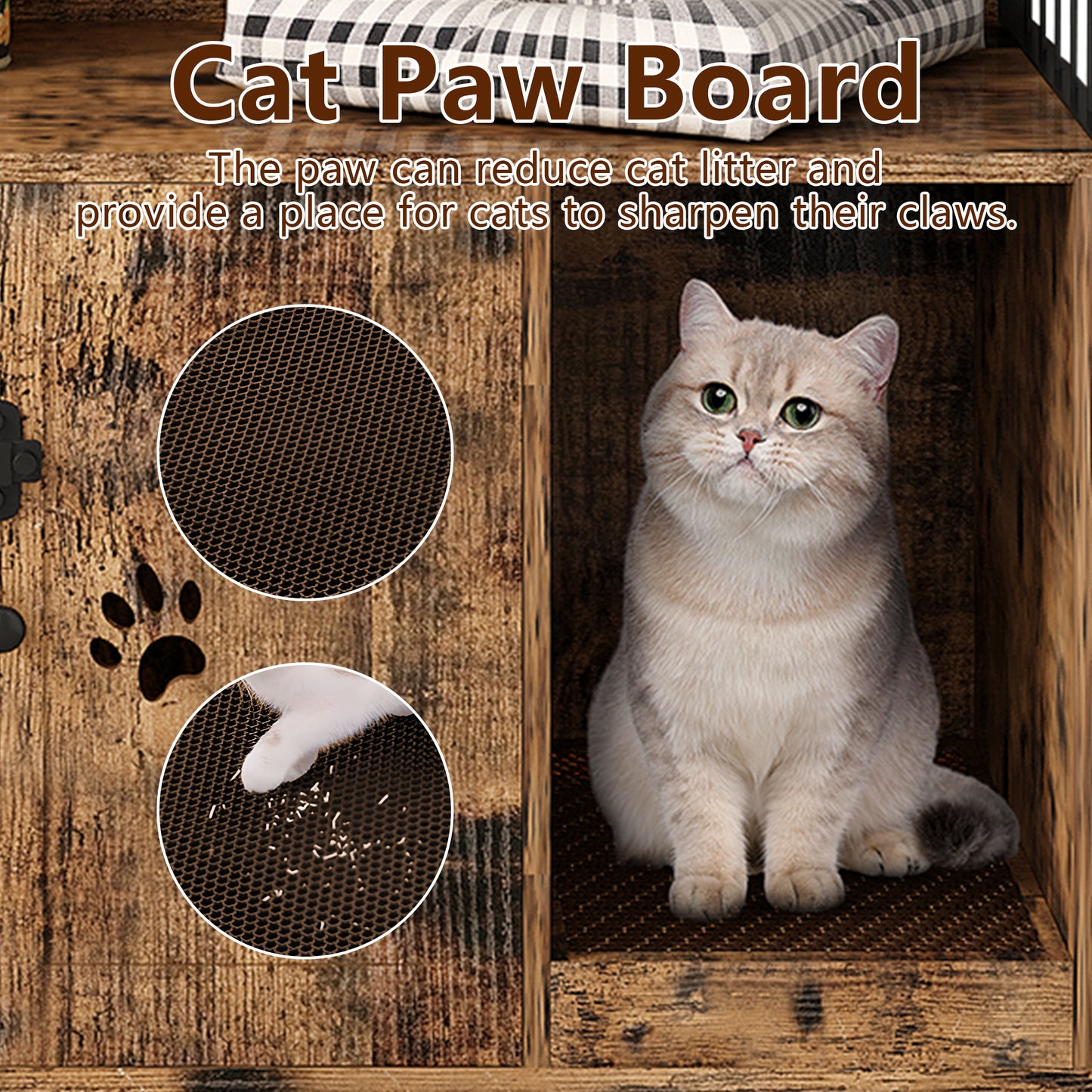 MIERES Large Cat Litter Box Enclosure with Shelf Storage, Hidden Cat Washroom Furniture, Wooden Cat House with Scratch Pad, Sturdy Indoor Cat Cabinet with 2 Doors, Rustic Brown
