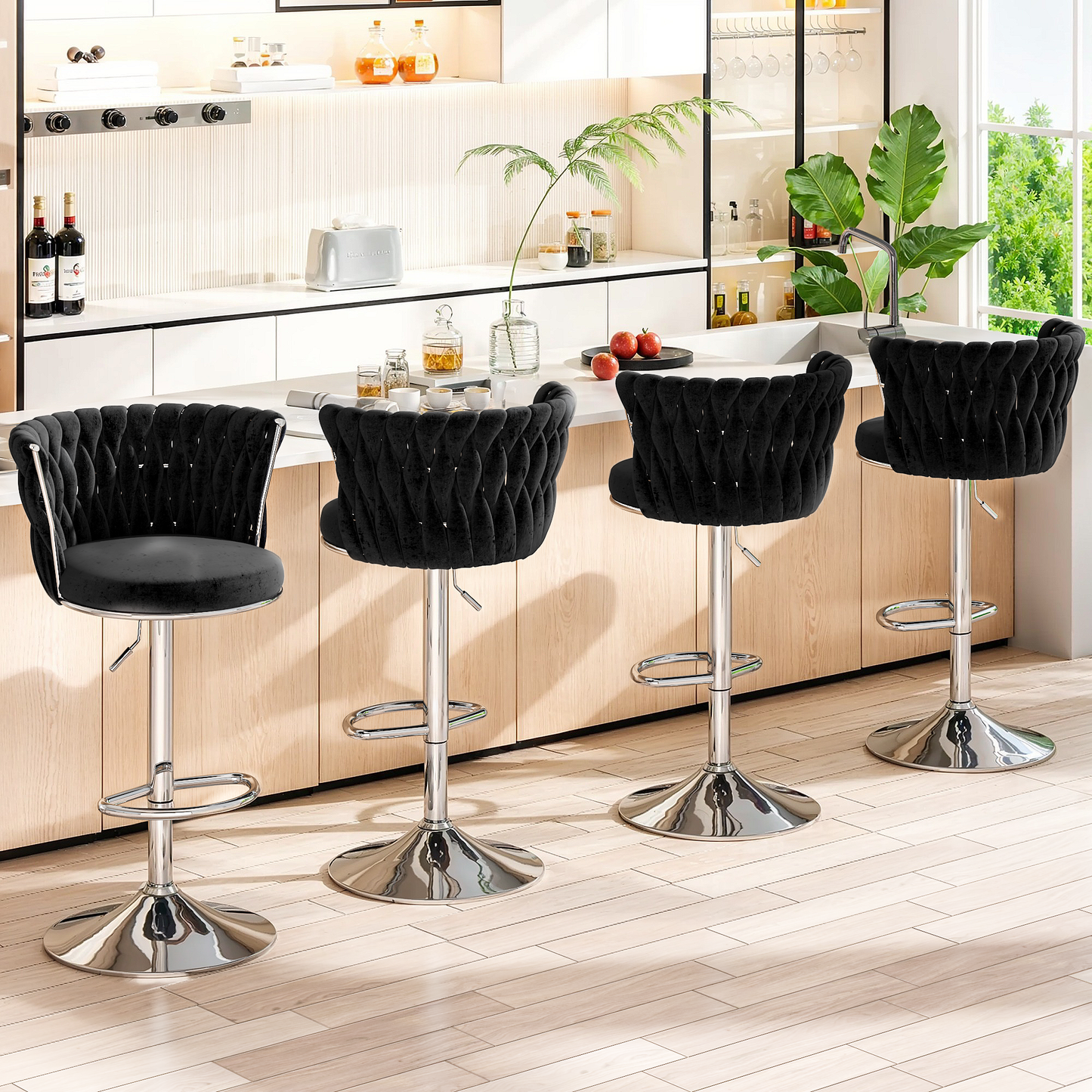 Mieres Velvet Bar Stools Set of 2/4, Adjustable Height Swivel Pub Chairs with Woven Back, Counter Height Dining Chairs with Footrest, 360° Rotating Kitchen Island Stools for Home & Bar