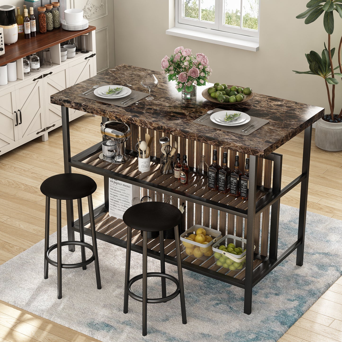 MIERES 48in Dining Table for 4-6, Dining Leisure Table with Storage Shelves, 1.8" Thick Top, Scratch-Resistant, Natural Wood Finish, Multi-Use for Dining Room Kitchen Office, Wood Finish