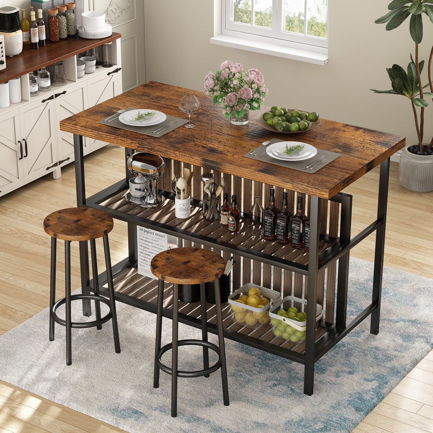 MIERES 48in Dining Table for 4-6, Dining Leisure Table with Storage Shelves, 1.8" Thick Top, Scratch-Resistant, Natural Wood Finish, Multi-Use for Dining Room Kitchen Office, Wood Finish