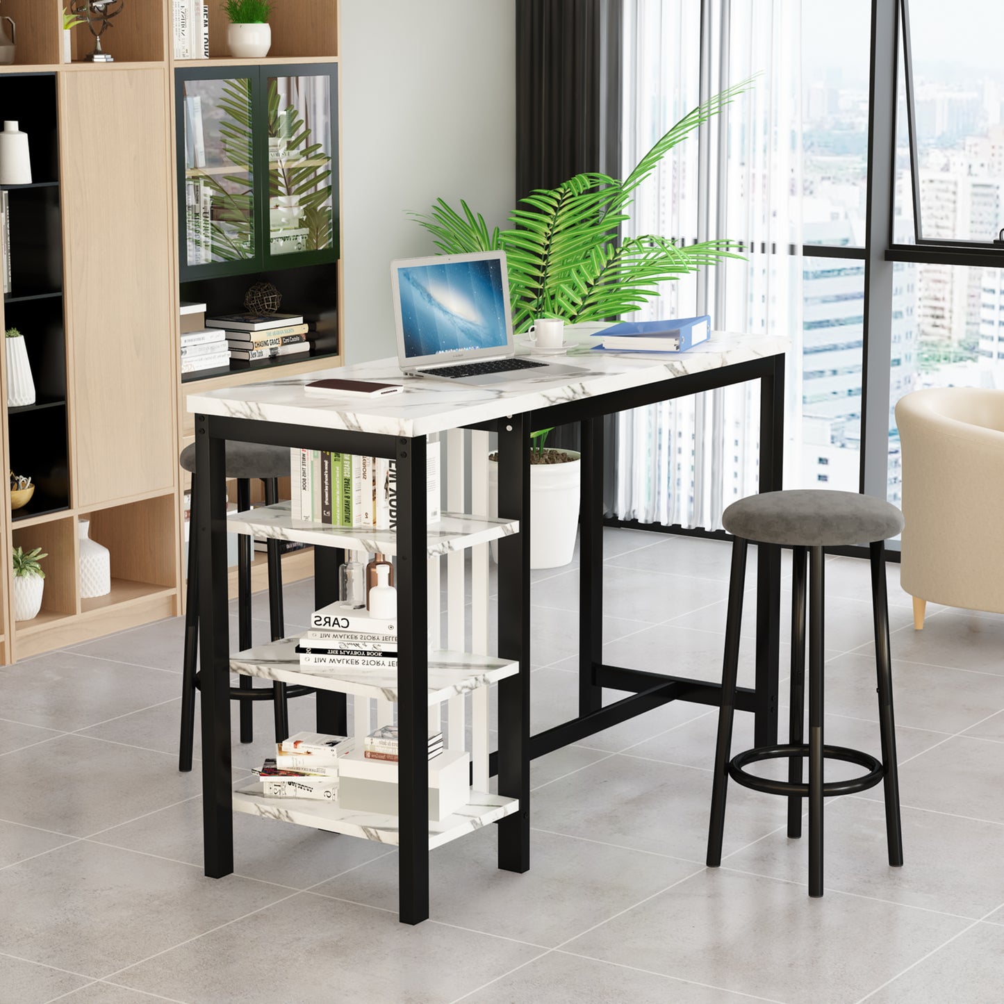 MIERES Bar Table Set with Storage Shelves, 47" Modern White Faux Marble Breakfast Table with 2 Velvet Stools, 3-Piece Dining Set for 2, Space Saving Table for Kitchen/Dining Room/Living Room/Studio