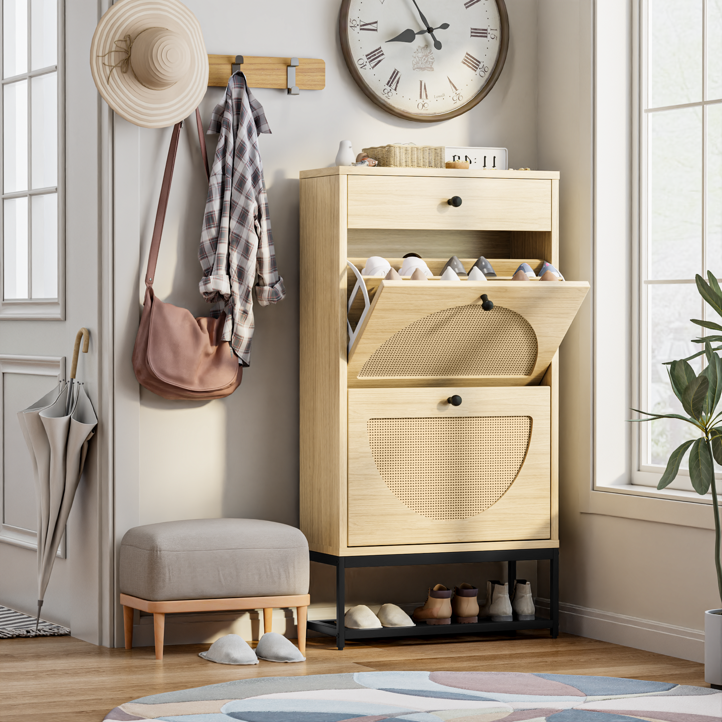 MIERES Natural Rattan Shoe Cabinet with 2 Flip Drawers and 1 Pull Drawer, Slim Shoe Storage Cabinet Entrance Hallway Free Standing Shoe Rack with Metal Frame for Sneaker, Sandal, Boot, Slipper