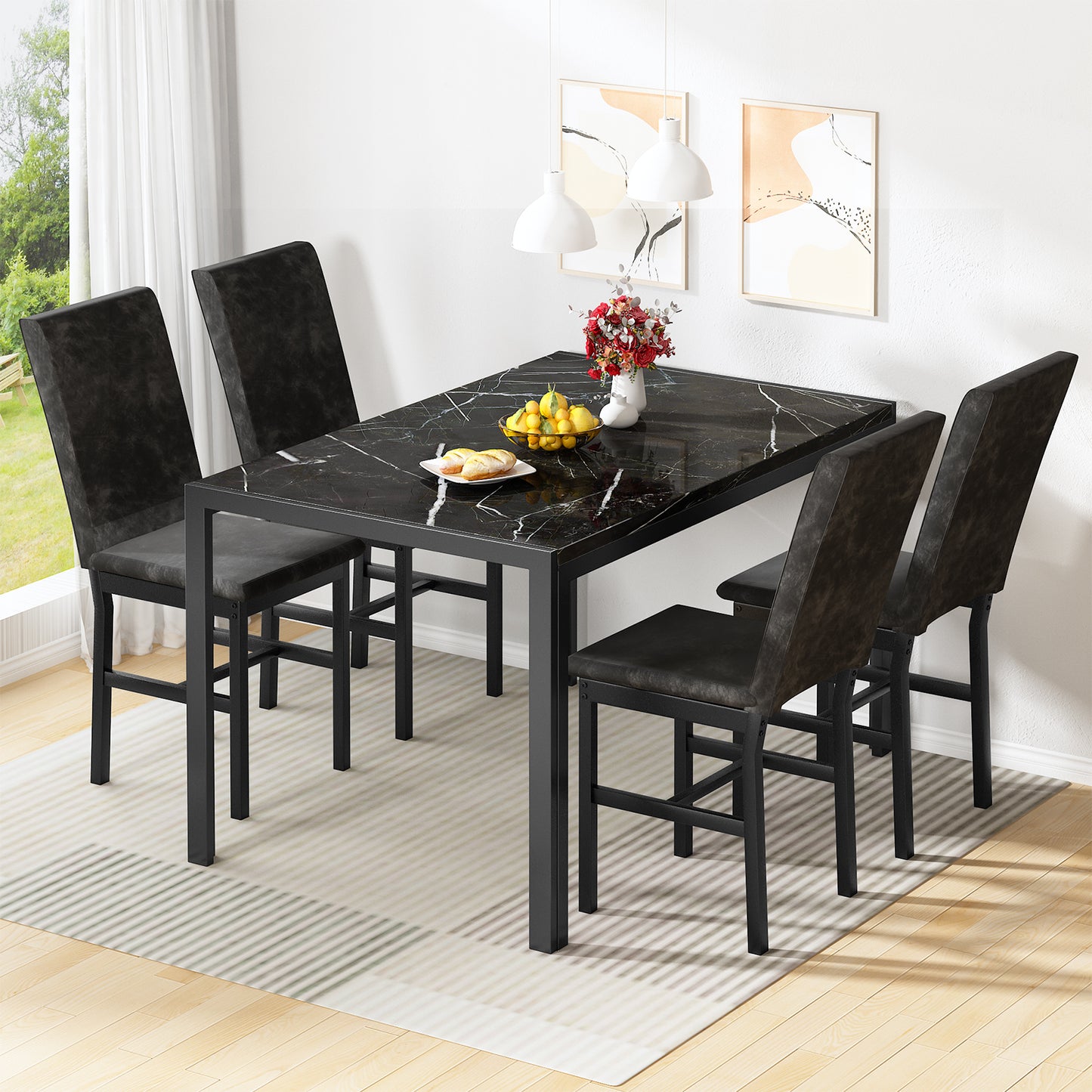 MIERES Products 5-Piece Marble Dining Set, Modern Kitchen Table and Chairs for Dining Room, Compact Space Saving Furniture, Dinette, 4 Upholstered Velvet Chairs