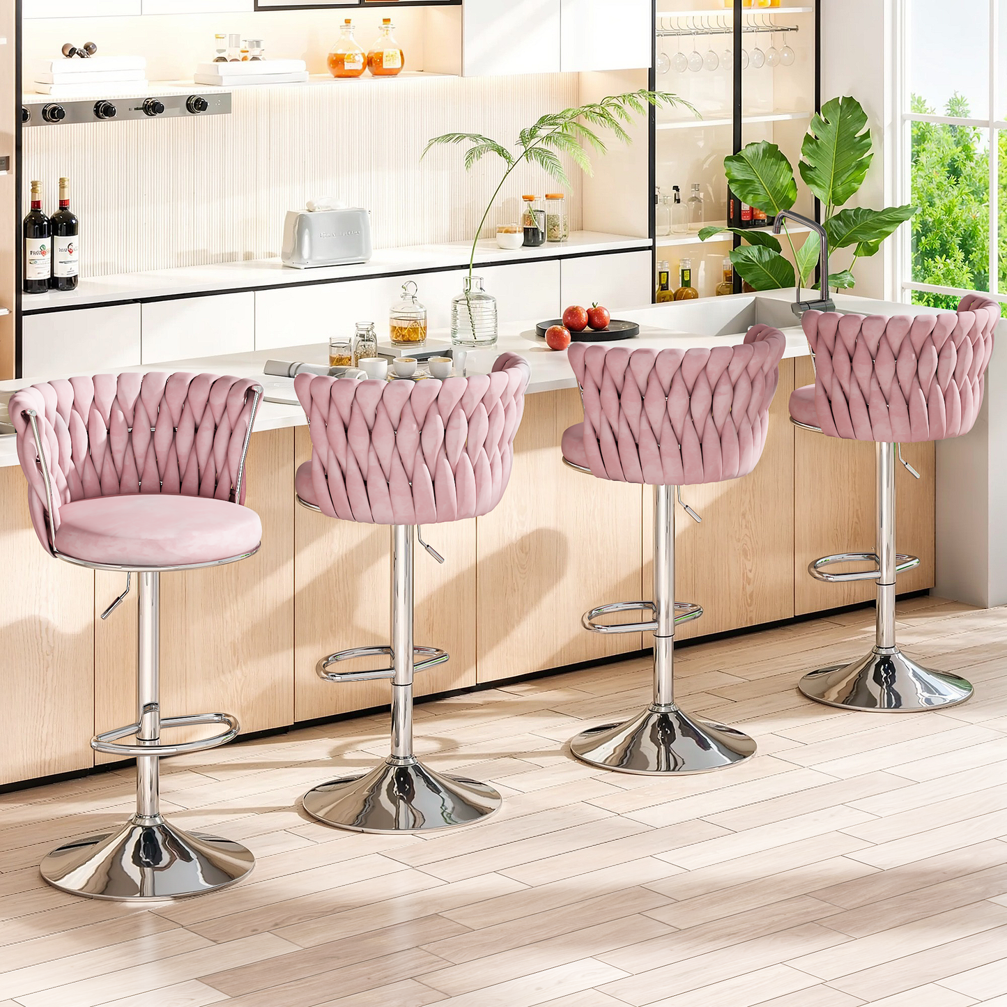 Mieres Velvet Bar Stools Set of 2/4, Adjustable Height Swivel Pub Chairs with Woven Back, Counter Height Dining Chairs with Footrest, 360° Rotating Kitchen Island Stools for Home & Bar