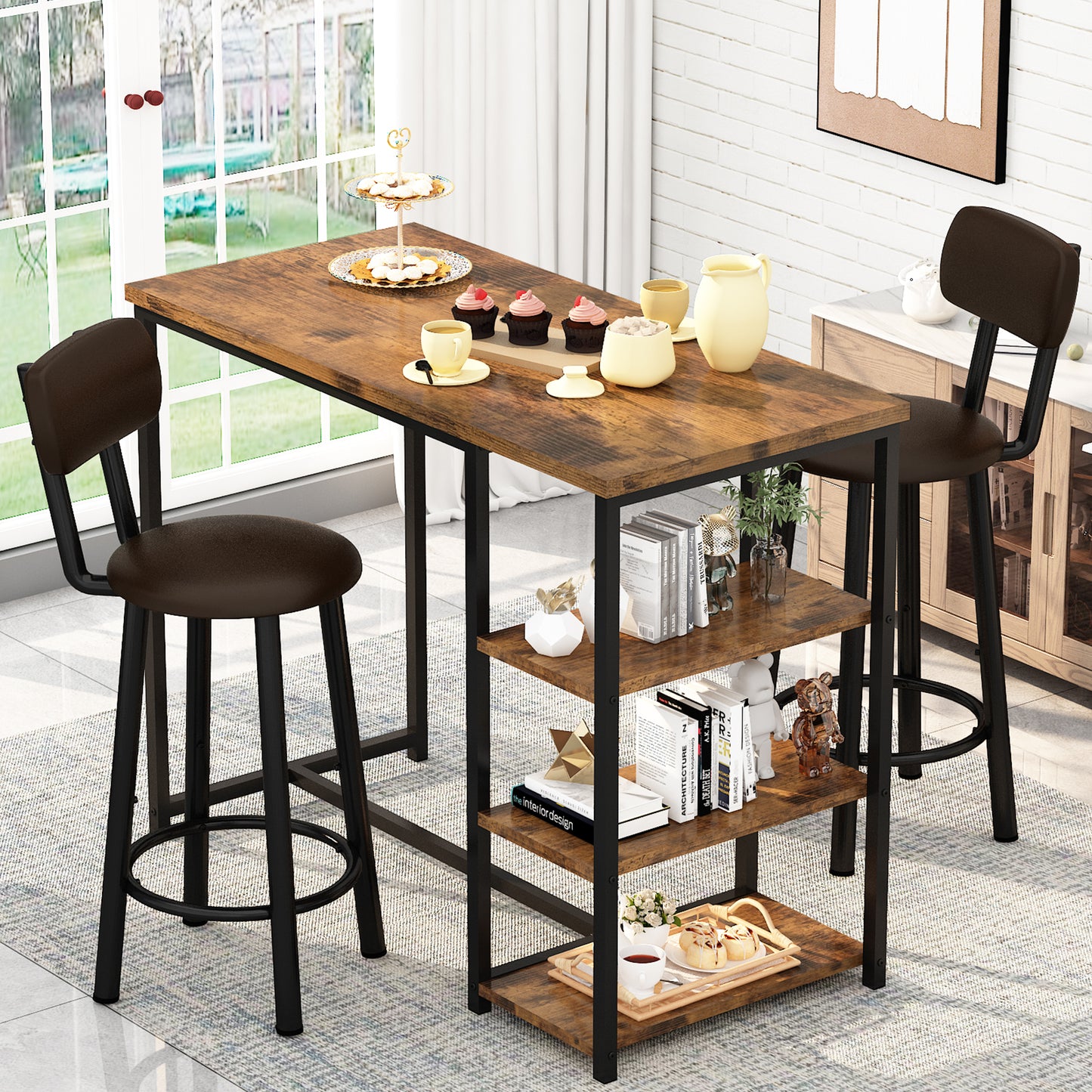 MIERES 2-Person Dining Set, 3-Piece Bar Table and Chair Set, Kitchen Counter-Height Dining Table Set, Compact Kitchen Dining Table with Storage, Small Space Breakfast Set