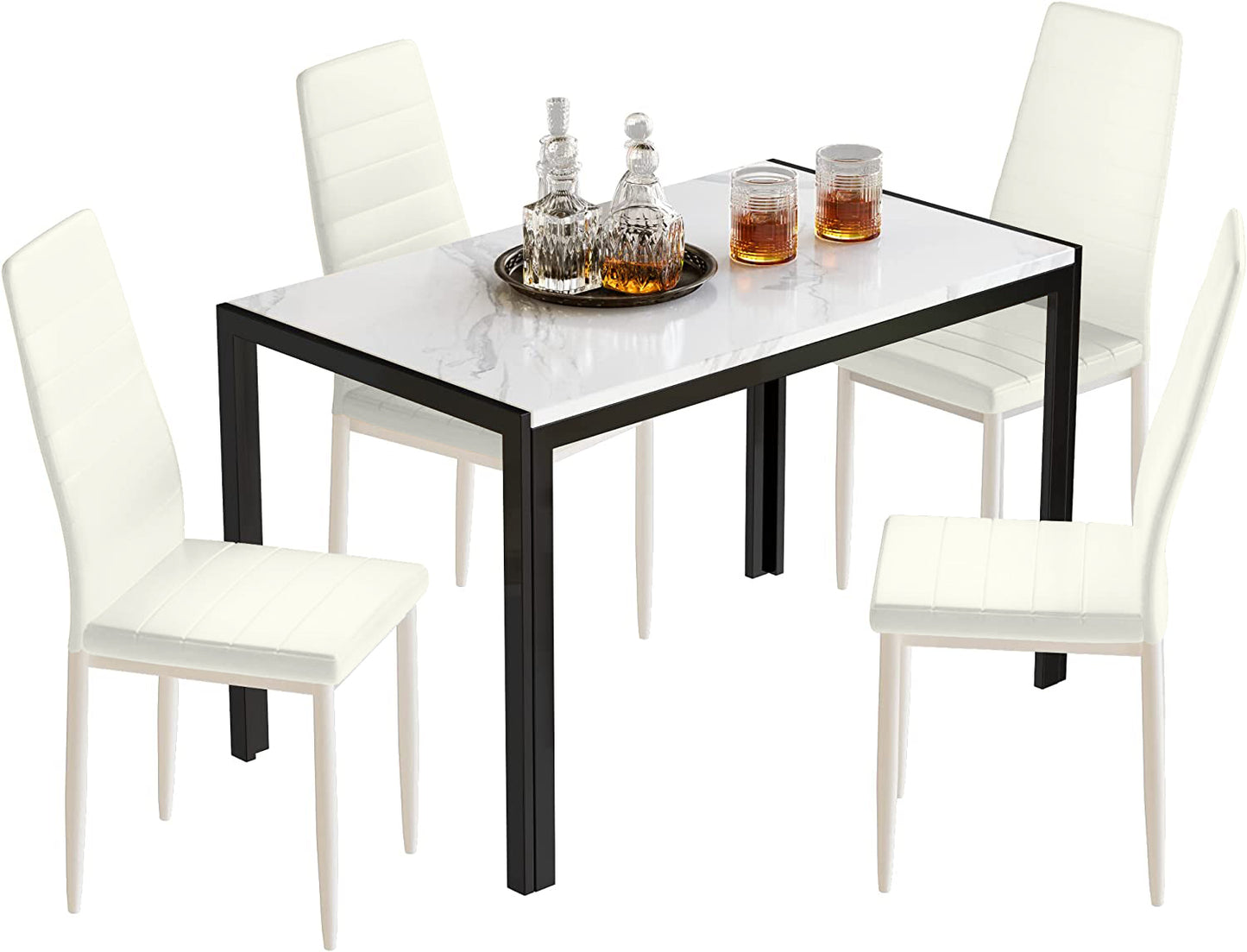 MIERES 4-Piece Dining Table Set for 4 - Faux Marble Kitchen Table with 4 PU Leather Chairs, Metal Frame, Easy Assembly, Small Space Friendly, Modern White & Black Dining Room Set