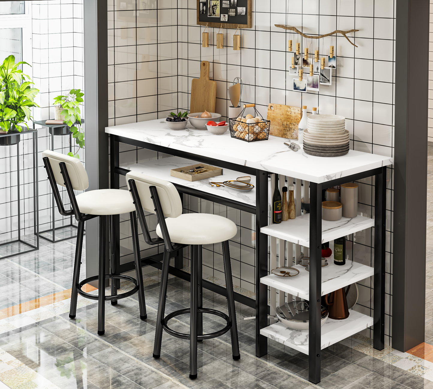 MIERES 3-Piece Bar Table and Chairs Set, Modern White Faux Marble Table with 2 PU Cushion Bar Stools, Kitchen Counter with 3 Tier Storage Shelves, Space Saving Table for Home & Kitchen, Black Frame