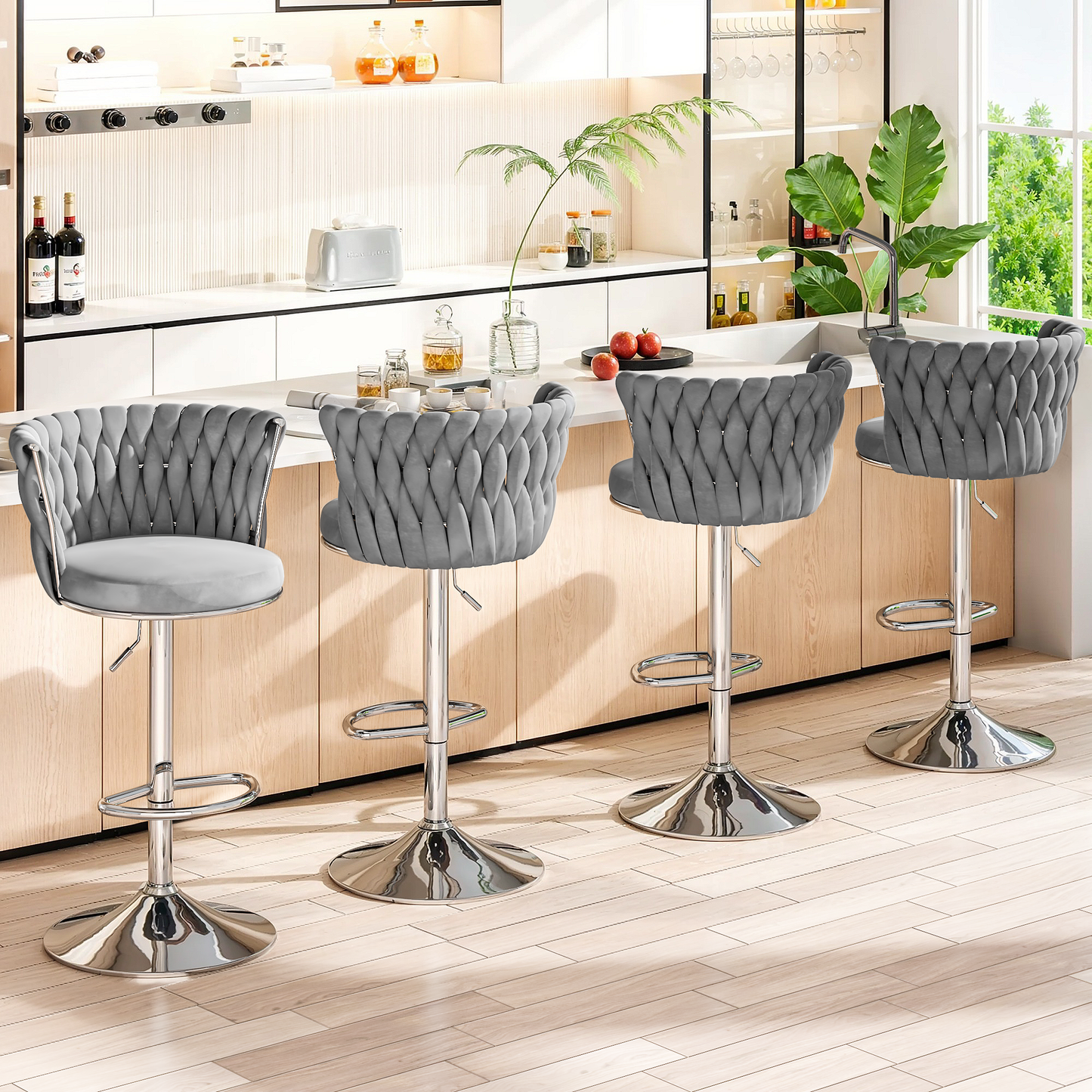 Mieres Velvet Bar Stools Set of 2/4, Adjustable Height Swivel Pub Chairs with Woven Back, Counter Height Dining Chairs with Footrest, 360° Rotating Kitchen Island Stools for Home & Bar