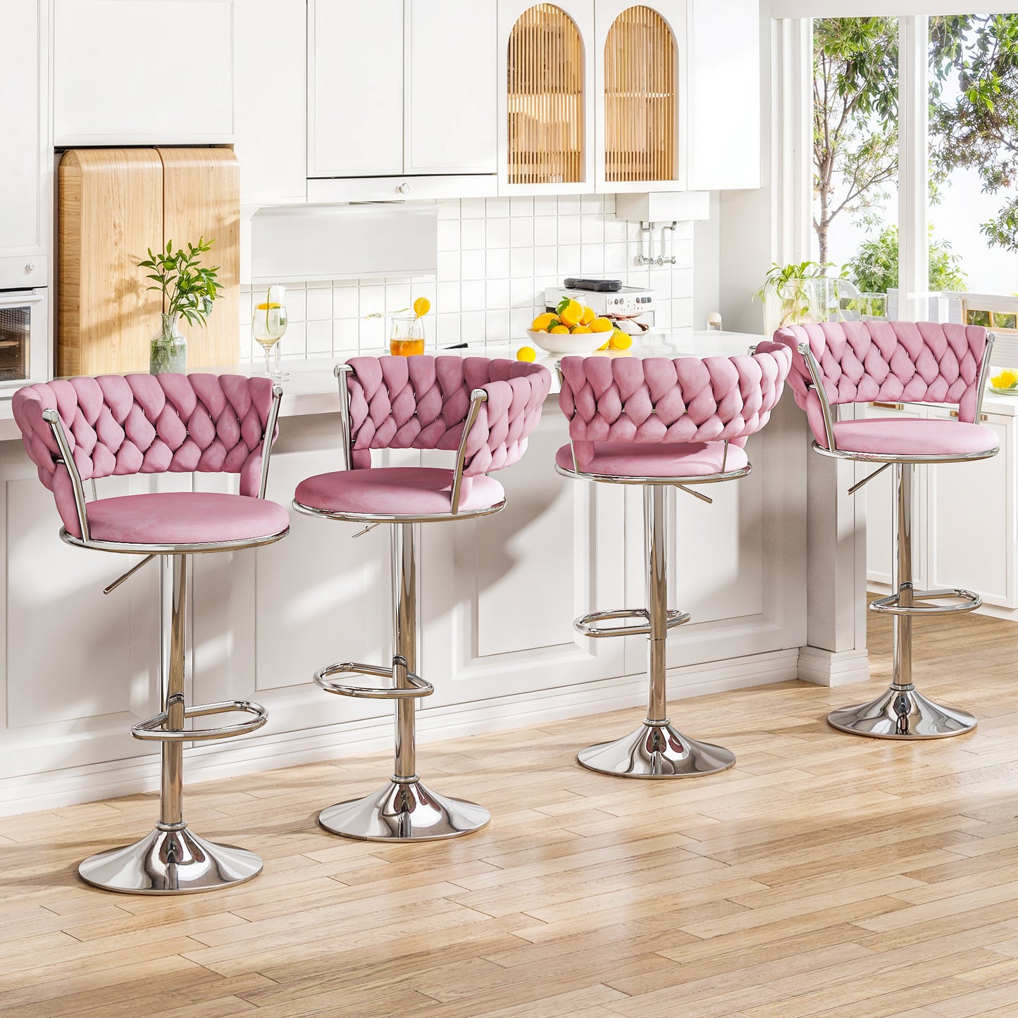 MIERES Backrest Hollow Bar Chair Set of 2/4, Adjustable Height Swivel Pub Chairs with Woven Back, Counter Height Dining Chairs with Footrest, 360° Rotating Kitchen Island Stools for Home & Bar