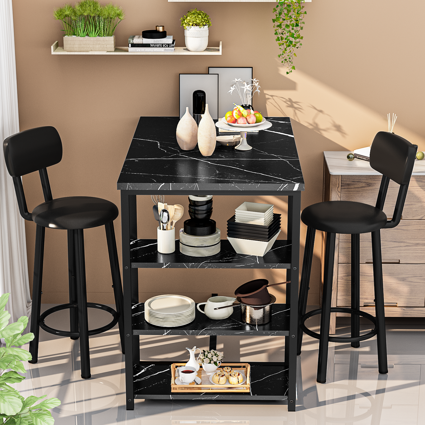 MIERES 2-Person Dining Set, 3-Piece Bar Table and Chair Set, Kitchen Counter-Height Dining Table Set, Compact Kitchen Dining Table with Storage, Small Space Breakfast Set