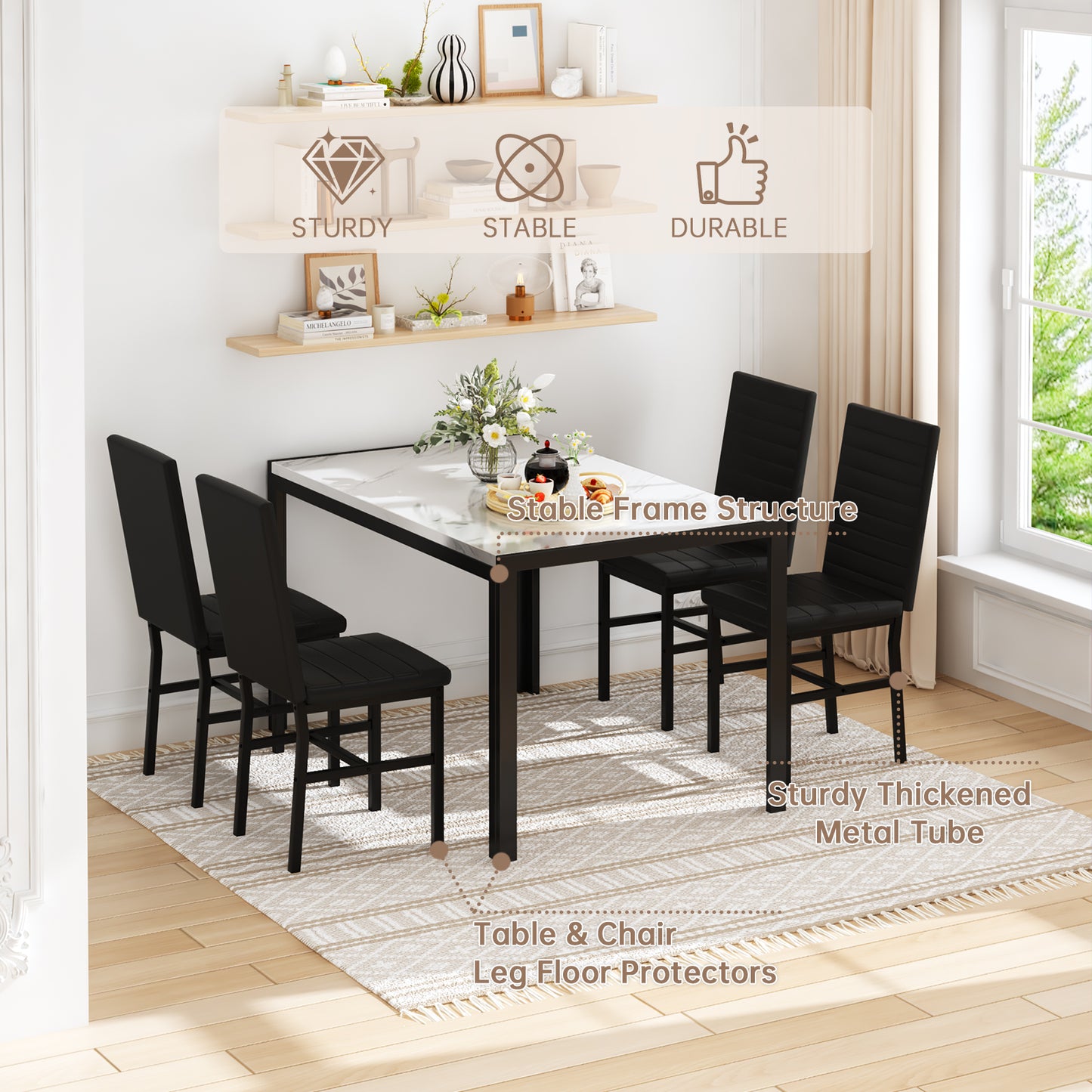 MIERES 4-Piece Dining Table Set for 4 - Faux Marble Kitchen Table with 4 PU Leather Chairs, Metal Frame, Easy Assembly, Small Space Friendly, Modern White & Black Dining Room Set
