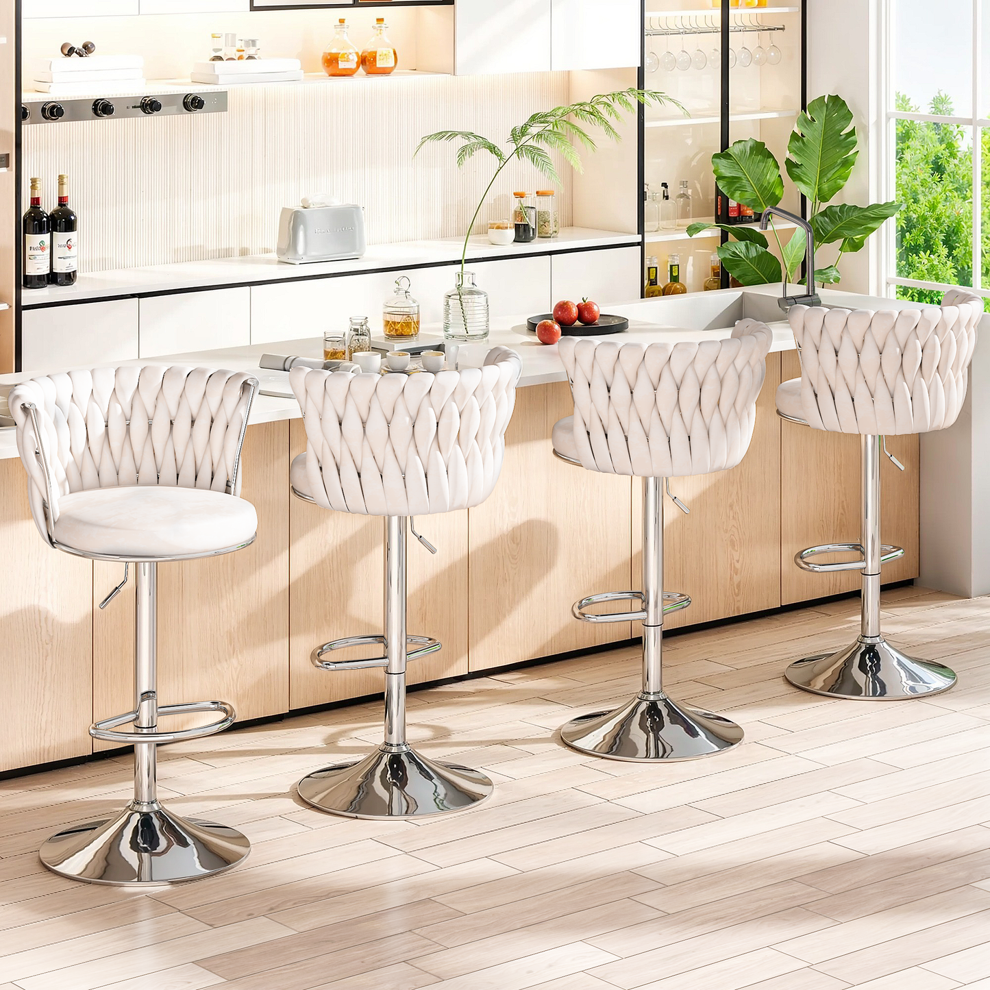 Mieres Velvet Bar Stools Set of 2/4, Adjustable Height Swivel Pub Chairs with Woven Back, Counter Height Dining Chairs with Footrest, 360° Rotating Kitchen Island Stools for Home & Bar