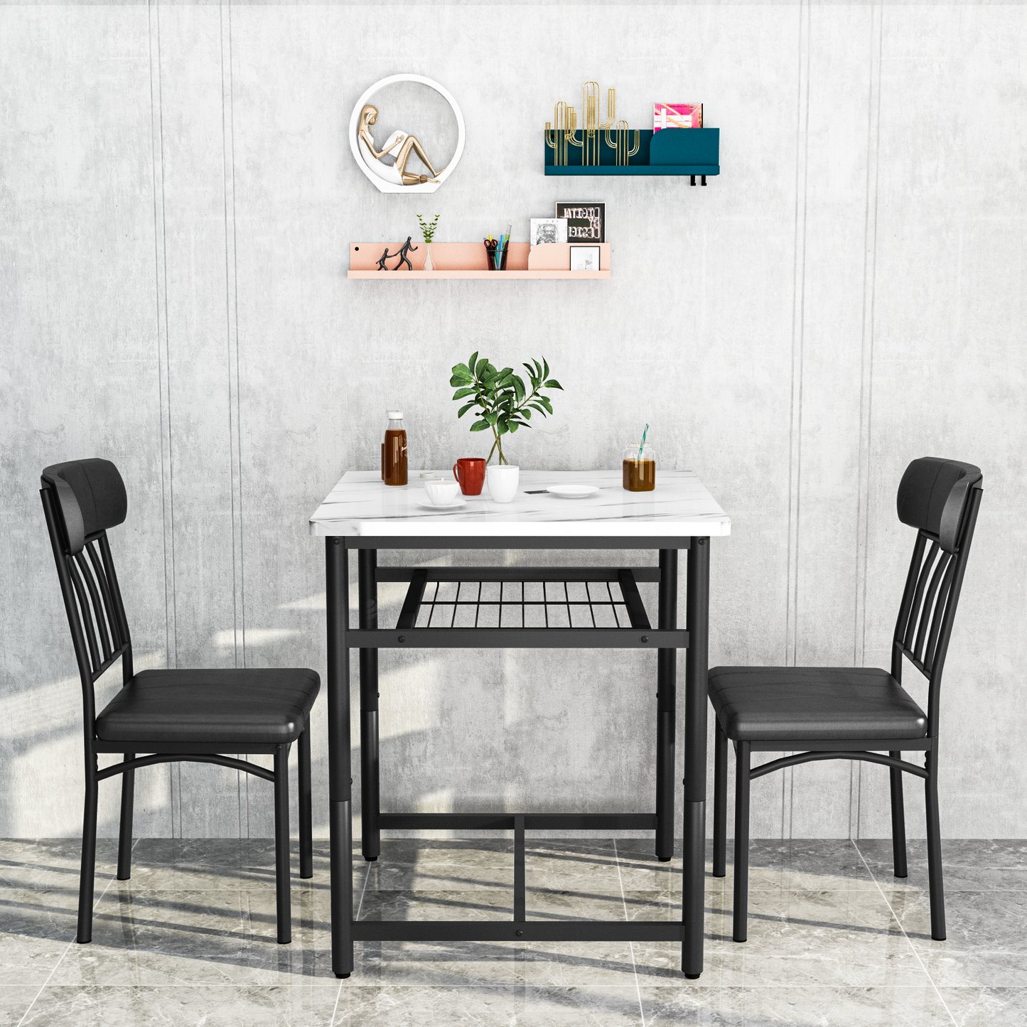 MIERES Square Dining Table Set for 2,Compact Bistro Table with Upholstered Chairs, Space Saving Kitchen Breakfast Nook, Built-in Storage Rack 3-Piece Modern Dining Set for Kitchen&Dining