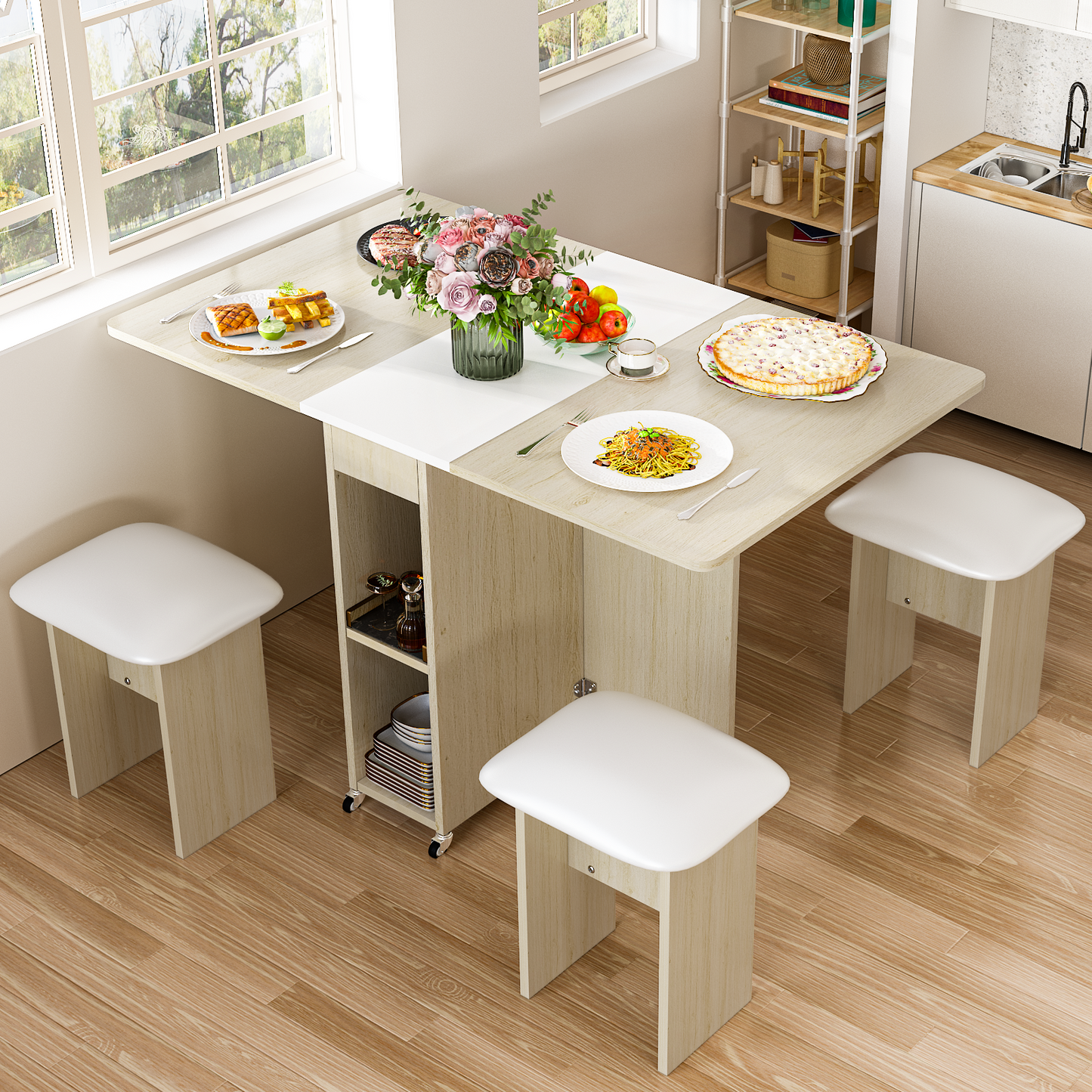 MIERES Folding Dining Table Set for 4, Dinner Table with 4 Leather Chairs and Shelves, Space Saving Foldable Dining Table with 6 Wheels, Kitchen Table Set for Small Spaces
