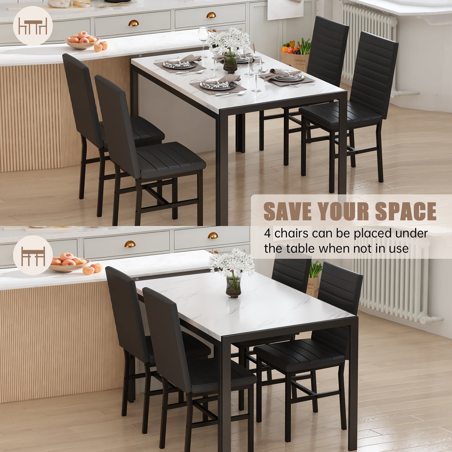 MIERES 4-Piece Dining Table Set for 4 - Faux Marble Kitchen Table with 4 PU Leather Chairs, Metal Frame, Easy Assembly, Small Space Friendly, Modern White & Black Dining Room Set