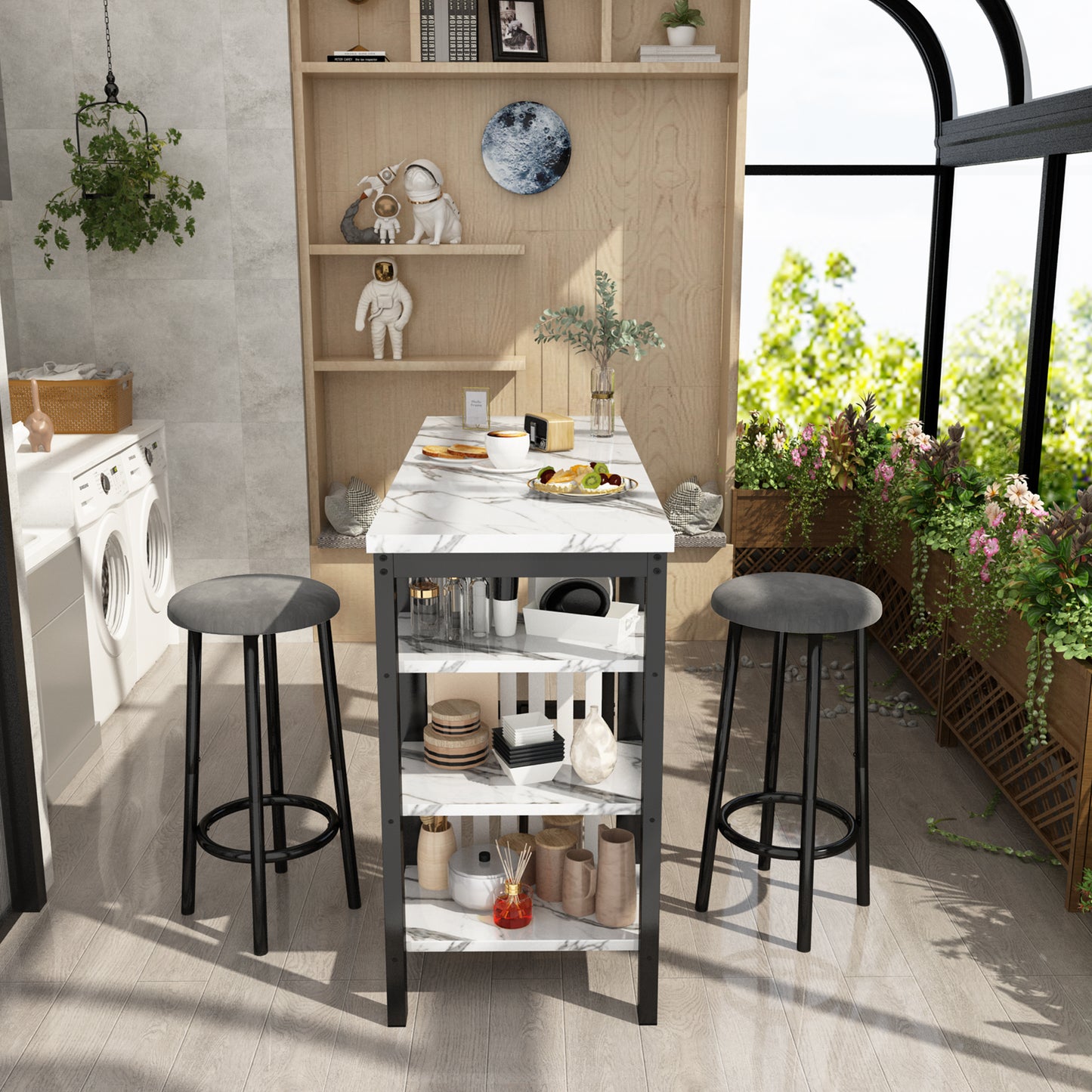 MIERES Bar Table Set with Storage Shelves, 47" Modern White Faux Marble Breakfast Table with 2 Velvet Stools, 3-Piece Dining Set for 2, Space Saving Table for Kitchen/Dining Room/Living Room/Studio
