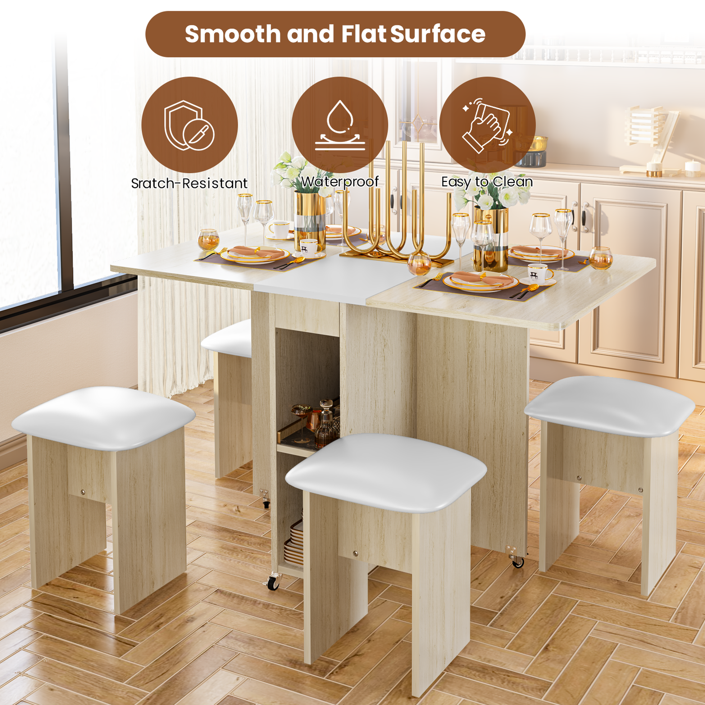 MIERES Folding Dining Table Set for 4, Dinner Table with 4 Leather Chairs and Shelves, Space Saving Foldable Dining Table with 6 Wheels, Kitchen Table Set for Small Spaces