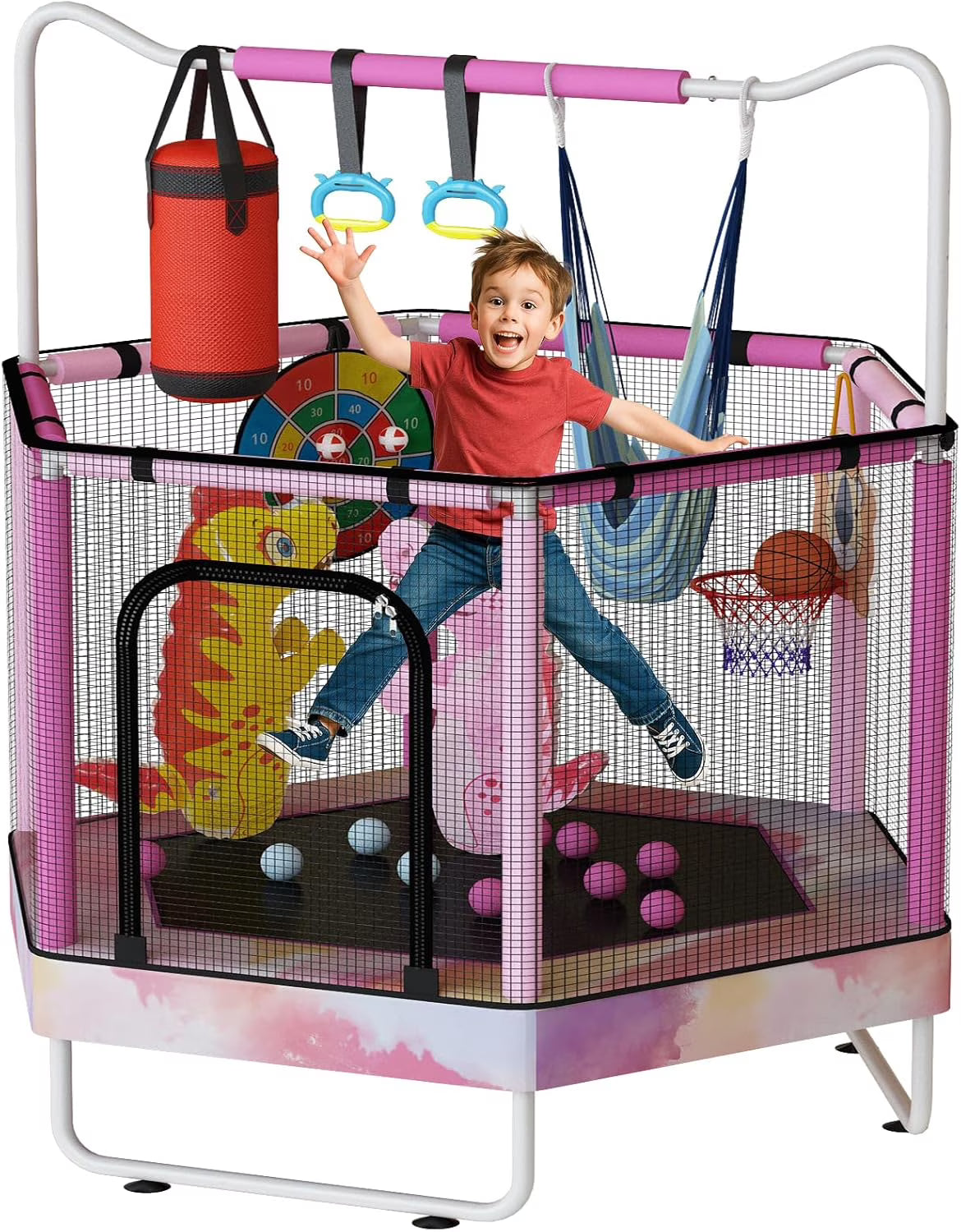 MIERES 55" 7-in-1 Round Trampoline for Kids Boys & Girls Ages 1-8, Indoor & Outdoor Trampoline for Fun, Adjustable Height Handrail ＆ Enclosed Safety Net ＆ Durable Designs for Toddlers Children