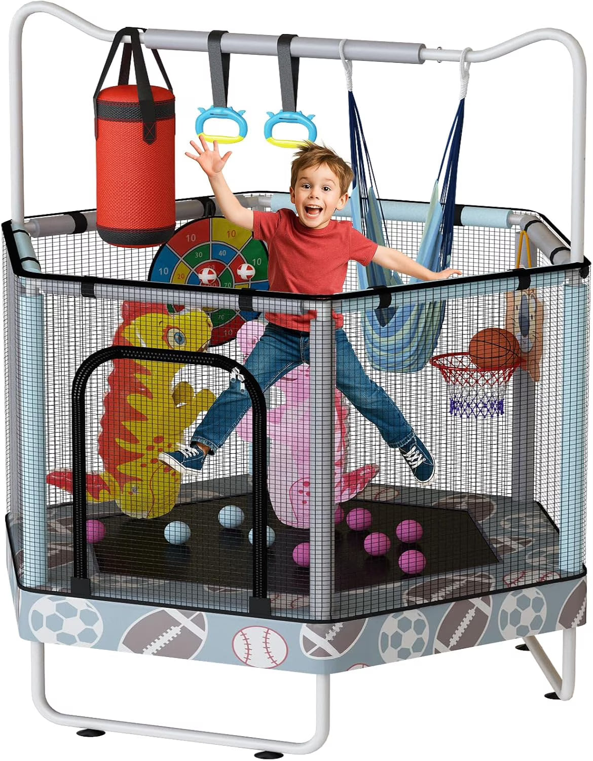 MIERES 55" 7-in-1 Round Trampoline for Kids Boys & Girls Ages 1-8, Indoor & Outdoor Trampoline for Fun, Adjustable Height Handrail ＆ Enclosed Safety Net ＆ Durable Designs for Toddlers Children