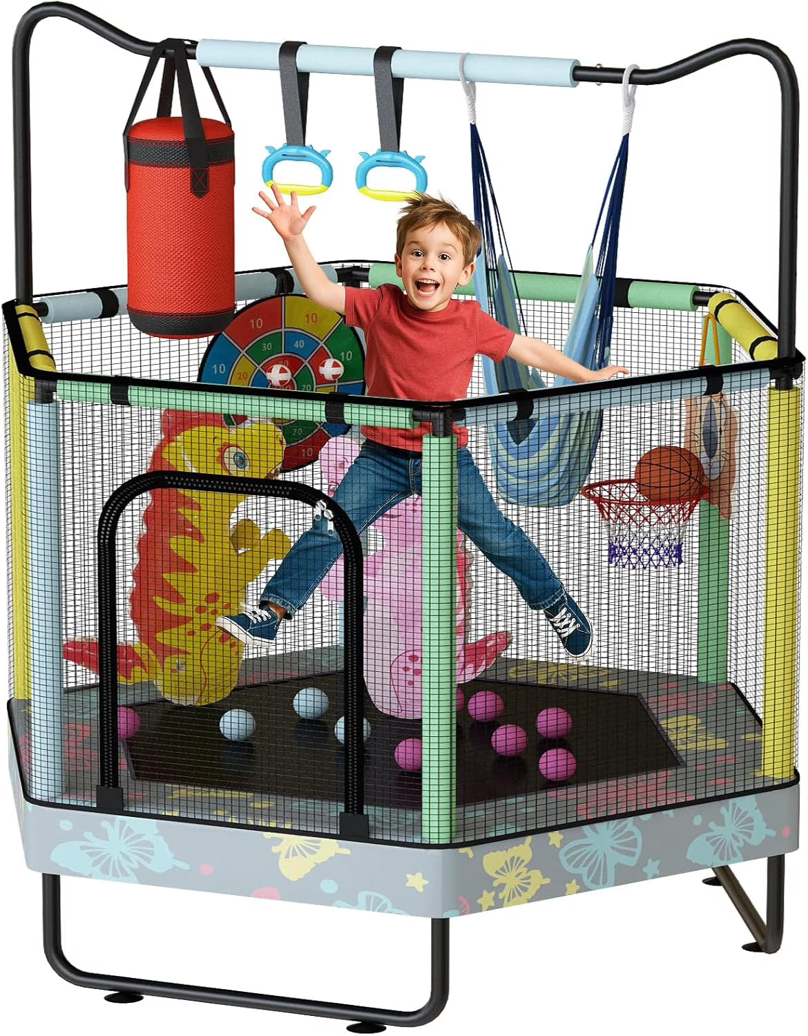 MIERES 55" 7-in-1 Round Trampoline for Kids Boys & Girls Ages 1-8, Indoor & Outdoor Trampoline for Fun, Adjustable Height Handrail ＆ Enclosed Safety Net ＆ Durable Designs for Toddlers Children