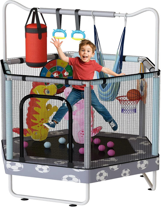 MIERES 55" 7-in-1 Round Trampoline for Kids Boys & Girls Ages 1-8, Indoor & Outdoor Trampoline for Fun, Adjustable Height Handrail ＆ Enclosed Safety Net ＆ Durable Designs for Toddlers Children