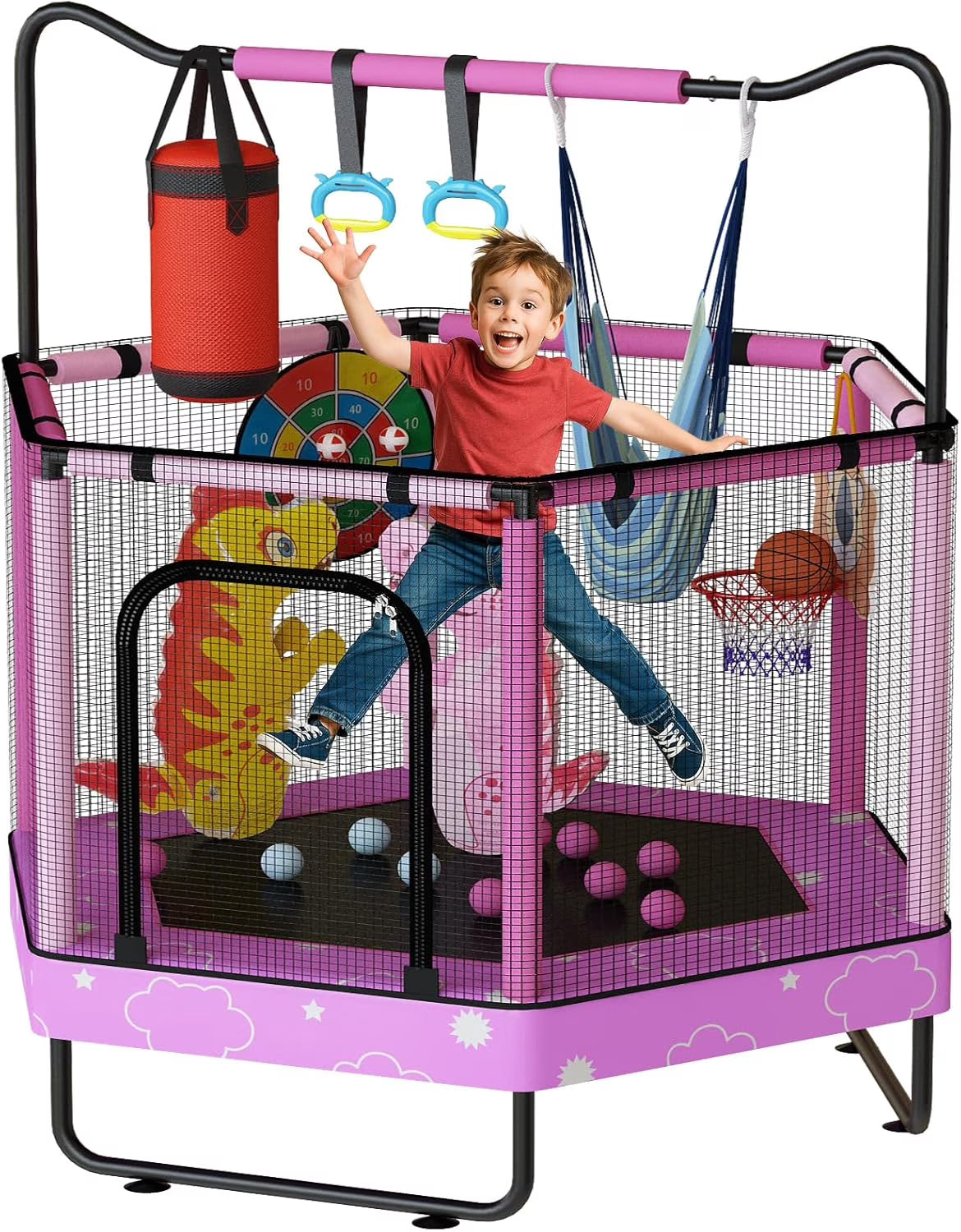 MIERES 55" 7-in-1 Round Trampoline for Kids Boys & Girls Ages 1-8, Indoor & Outdoor Trampoline for Fun, Adjustable Height Handrail ＆ Enclosed Safety Net ＆ Durable Designs for Toddlers Children