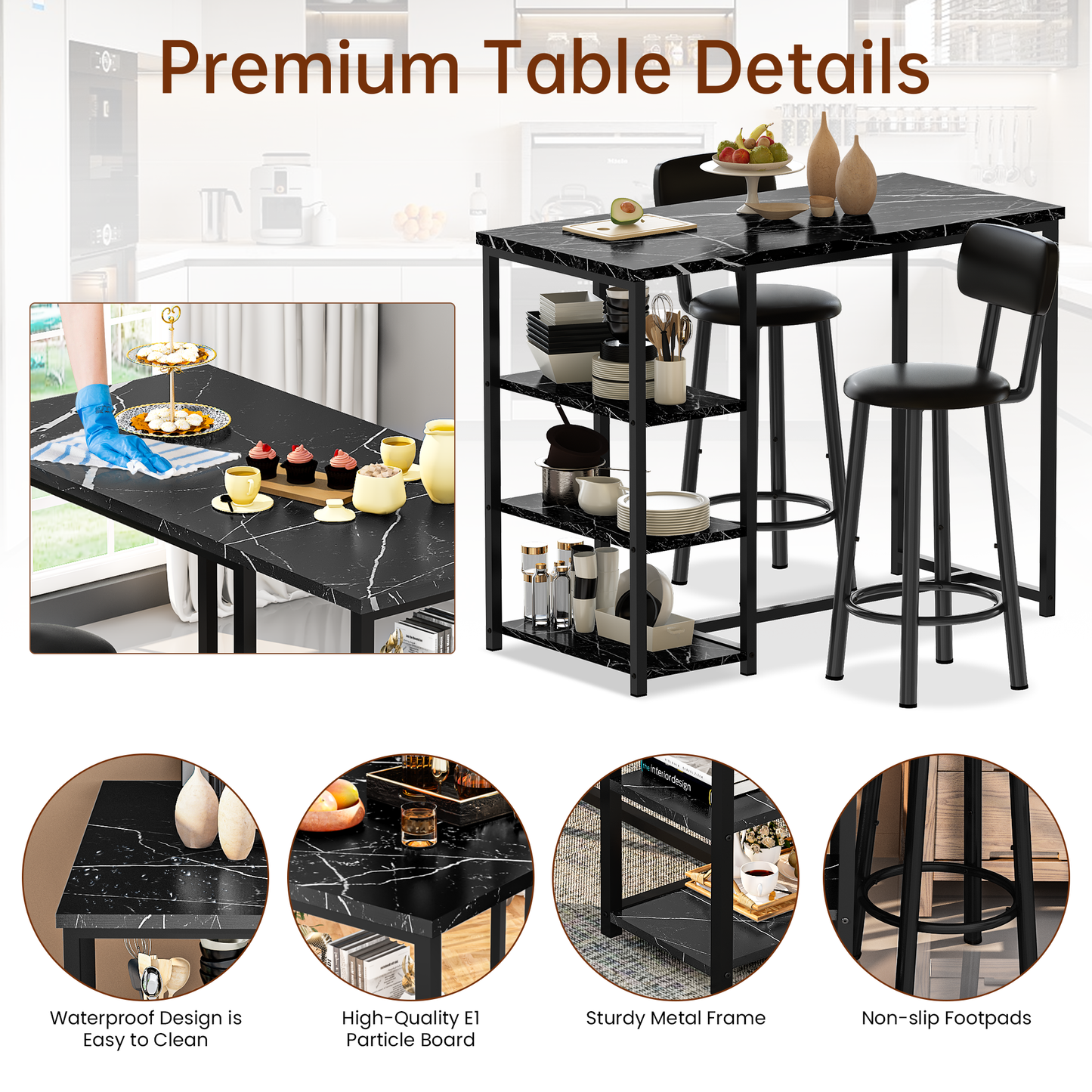MIERES 2-Person Dining Set, 3-Piece Bar Table and Chair Set, Kitchen Counter-Height Dining Table Set, Compact Kitchen Dining Table with Storage, Small Space Breakfast Set