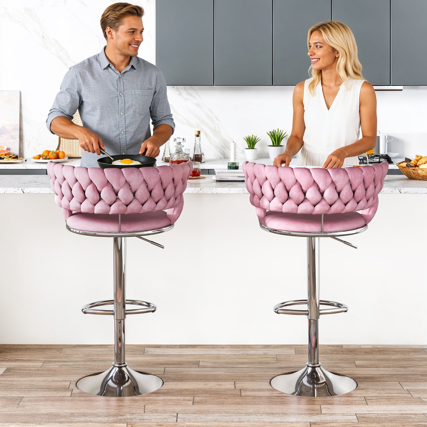 MIERES Backrest Hollow Bar Chair Set of 2/4, Adjustable Height Swivel Pub Chairs with Woven Back, Counter Height Dining Chairs with Footrest, 360° Rotating Kitchen Island Stools for Home & Bar