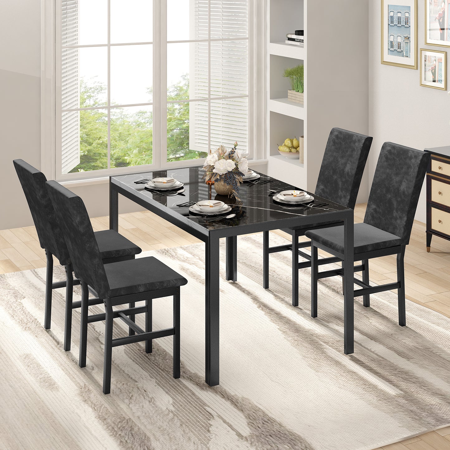 MIERES Products 5-Piece Marble Dining Set, Modern Kitchen Table and Chairs for Dining Room, Compact Space Saving Furniture, Dinette, 4 Upholstered Velvet Chairs