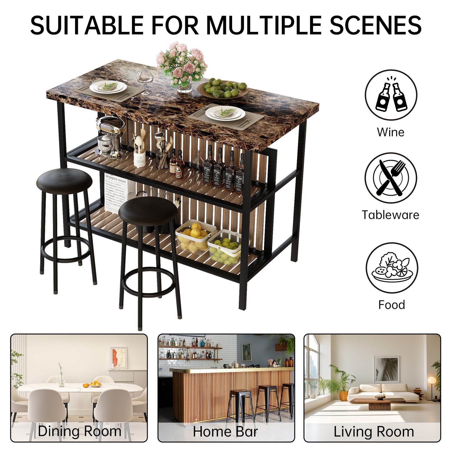 MIERES 48in Dining Table for 4-6, Dining Leisure Table with Storage Shelves, 1.8" Thick Top, Scratch-Resistant, Natural Wood Finish, Multi-Use for Dining Room Kitchen Office, Wood Finish