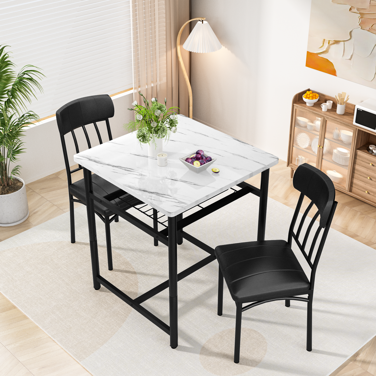 MIERES Square Dining Table Set for 2,Compact Bistro Table with Upholstered Chairs, Space Saving Kitchen Breakfast Nook, Built-in Storage Rack 3-Piece Modern Dining Set for Kitchen&Dining
