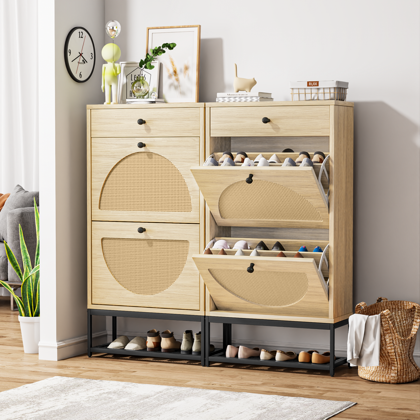 MIERES Natural Rattan Shoe Cabinet with 2 Flip Drawers and 1 Pull Drawer, Slim Shoe Storage Cabinet Entrance Hallway Free Standing Shoe Rack with Metal Frame for Sneaker, Sandal, Boot, Slipper