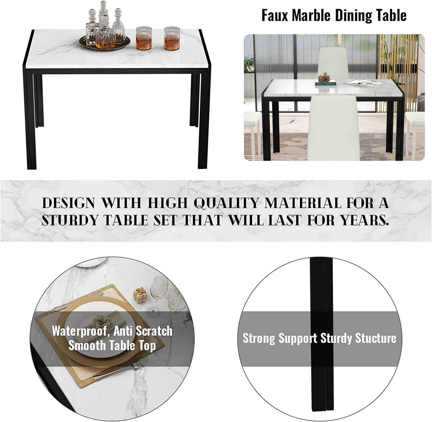 MIERES 4-Piece Dining Table Set for 4 - Faux Marble Kitchen Table with 4 PU Leather Chairs, Metal Frame, Easy Assembly, Small Space Friendly, Modern White & Black Dining Room Set