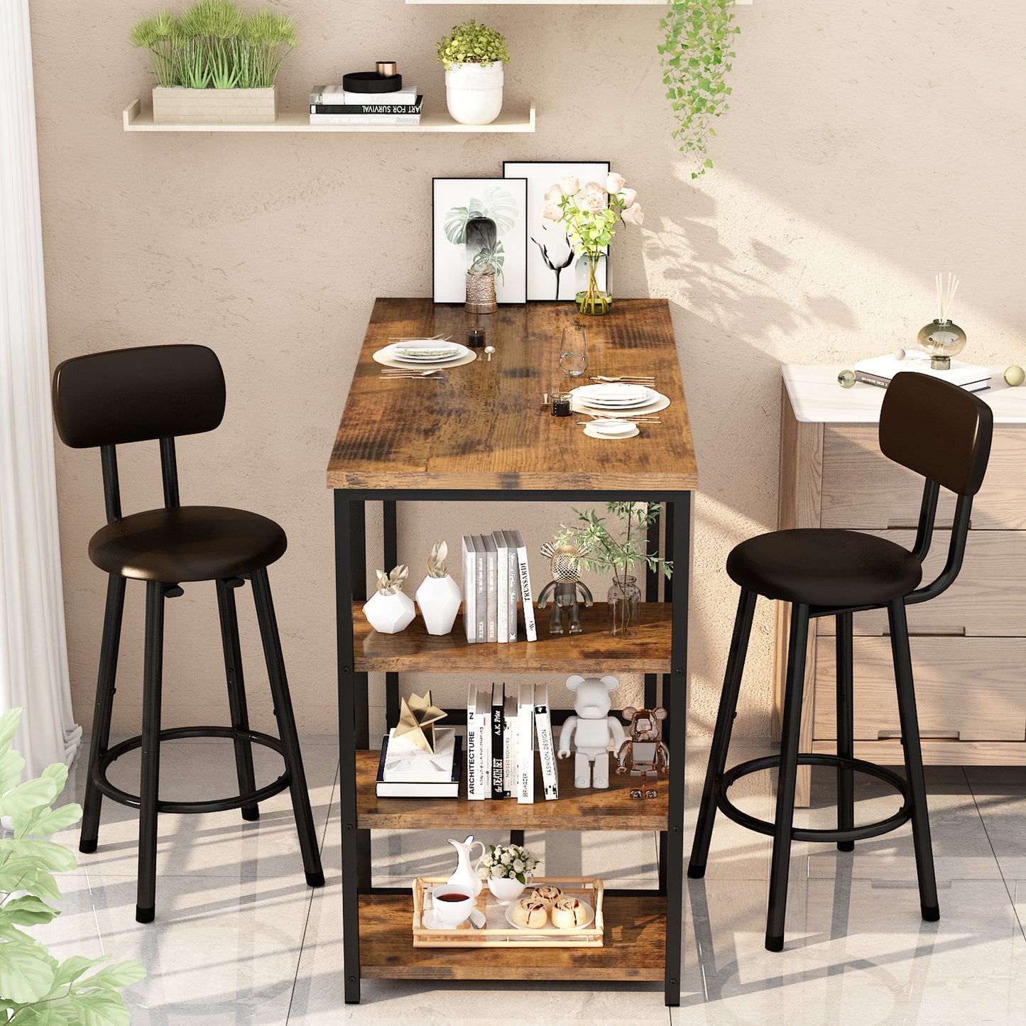 MIERES 2-Person Dining Set, 3-Piece Bar Table and Chair Set, Kitchen Counter-Height Dining Table Set, Compact Kitchen Dining Table with Storage, Small Space Breakfast Set