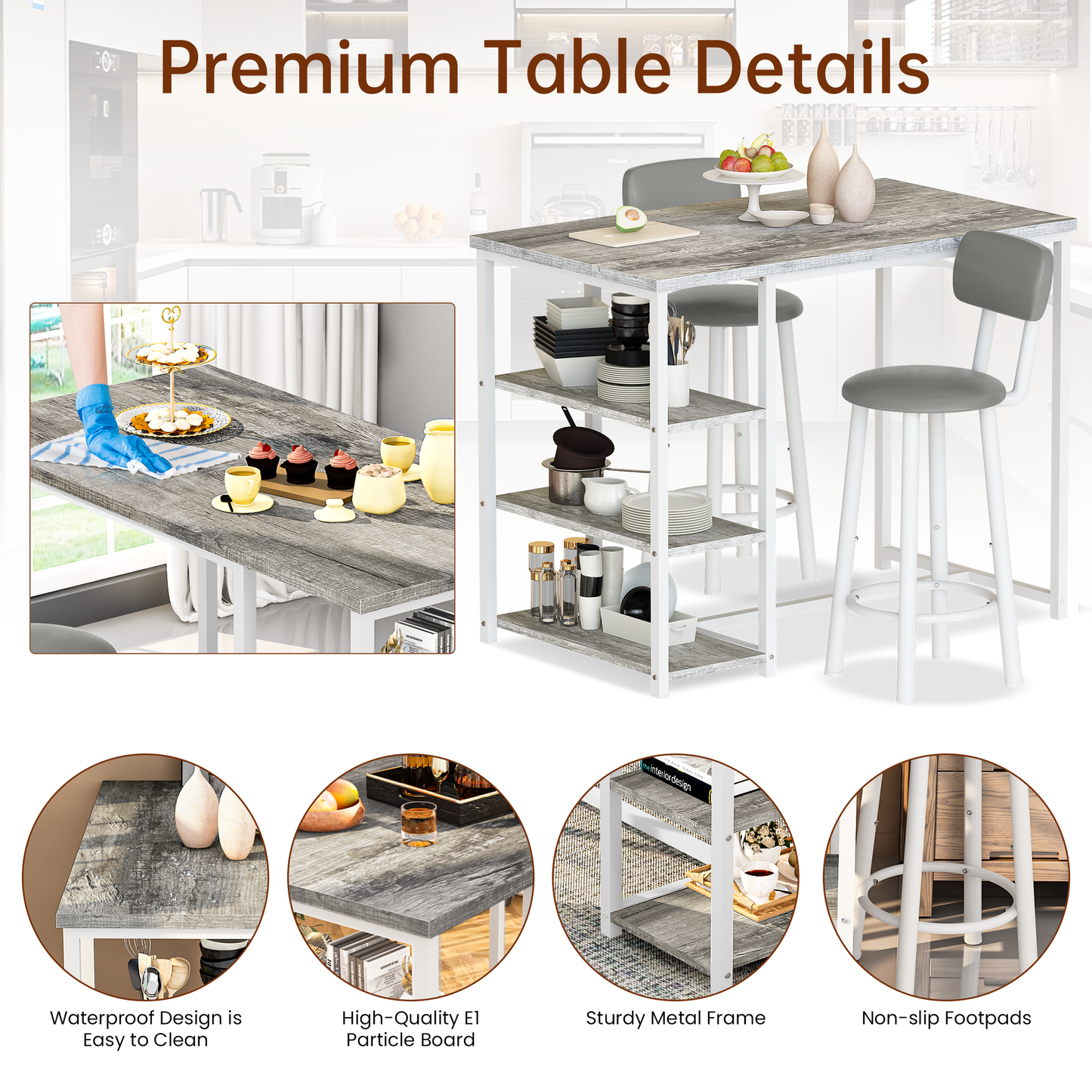 MIERES 2-Person Dining Set, 3-Piece Bar Table and Chair Set, Kitchen Counter-Height Dining Table Set, Compact Kitchen Dining Table with Storage, Small Space Breakfast Set