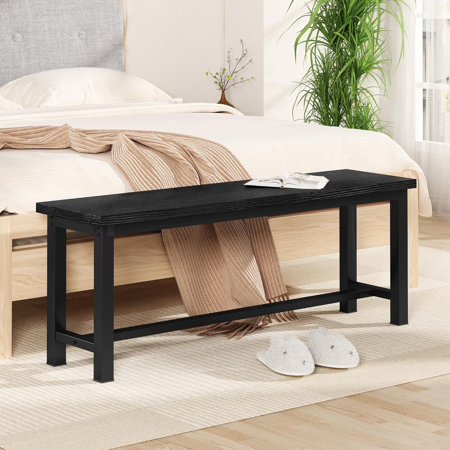 MIERES 2-Piece Dining Table Chair Bench Set, Thickened Steel Frame, Wood Bench, Industrial Style, for Kitchen and Dining Room-Black