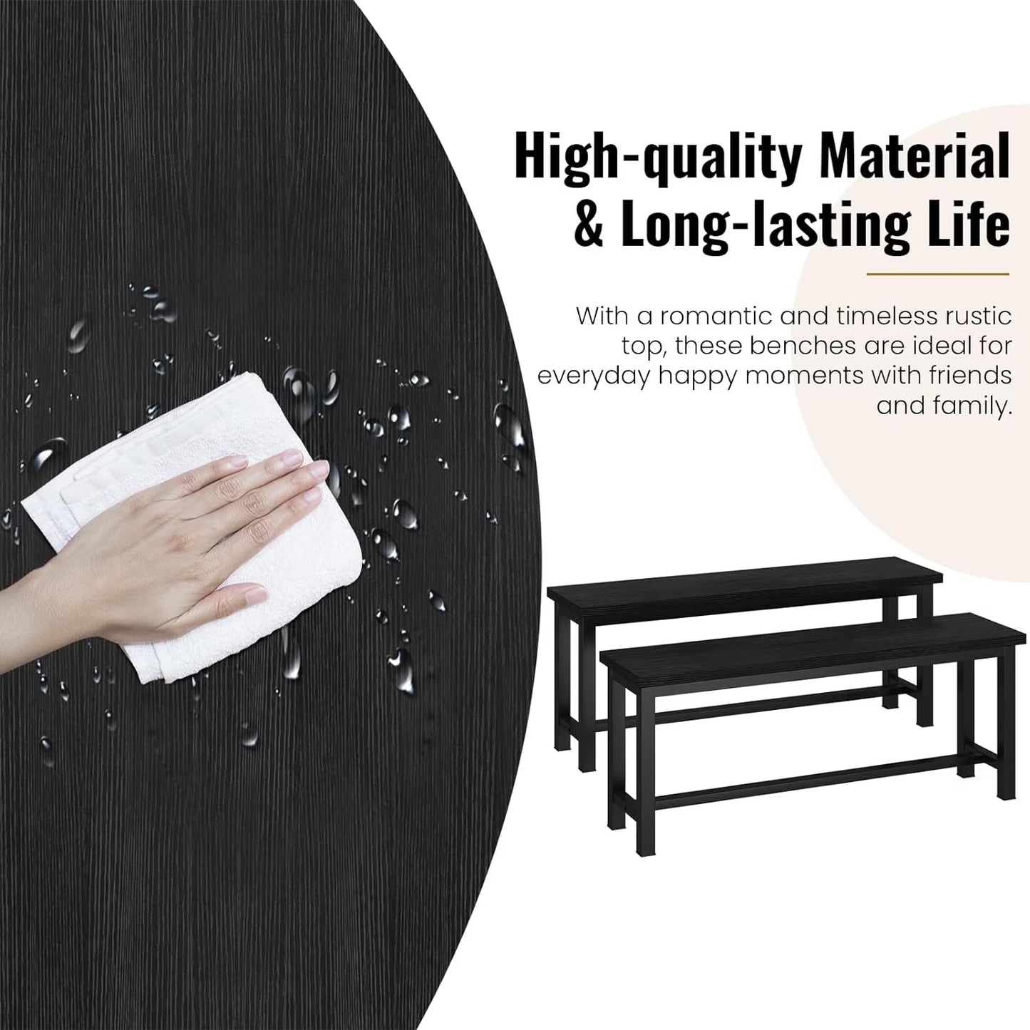 MIERES 2-Piece Dining Table Chair Bench Set, Thickened Steel Frame, Wood Bench, Industrial Style, for Kitchen and Dining Room-Black