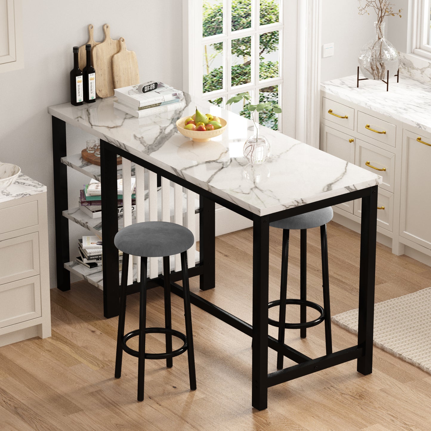 MIERES Bar Table Set with Storage Shelves, 47" Modern White Faux Marble Breakfast Table with 2 Velvet Stools, 3-Piece Dining Set for 2, Space Saving Table for Kitchen/Dining Room/Living Room/Studio