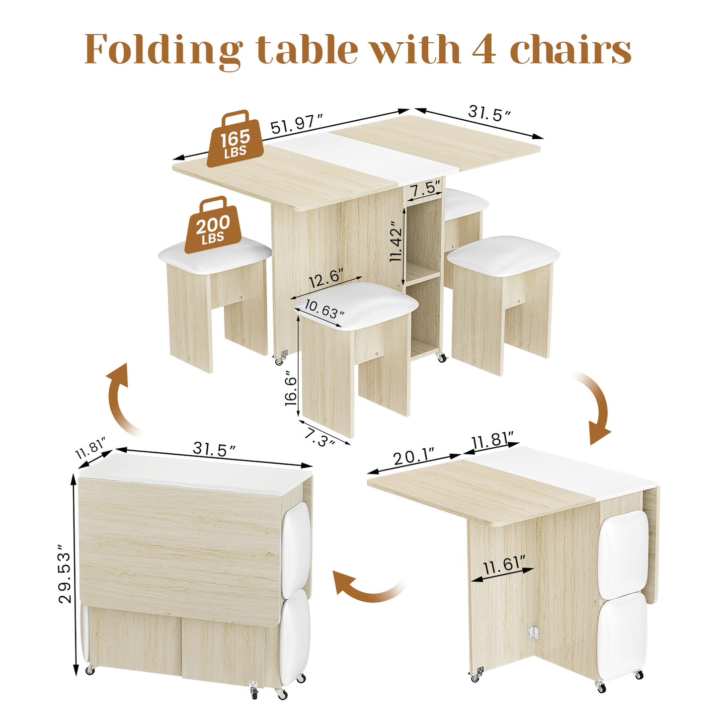 MIERES Folding Dining Table Set for 4, Dinner Table with 4 Leather Chairs and Shelves, Space Saving Foldable Dining Table with 6 Wheels, Kitchen Table Set for Small Spaces