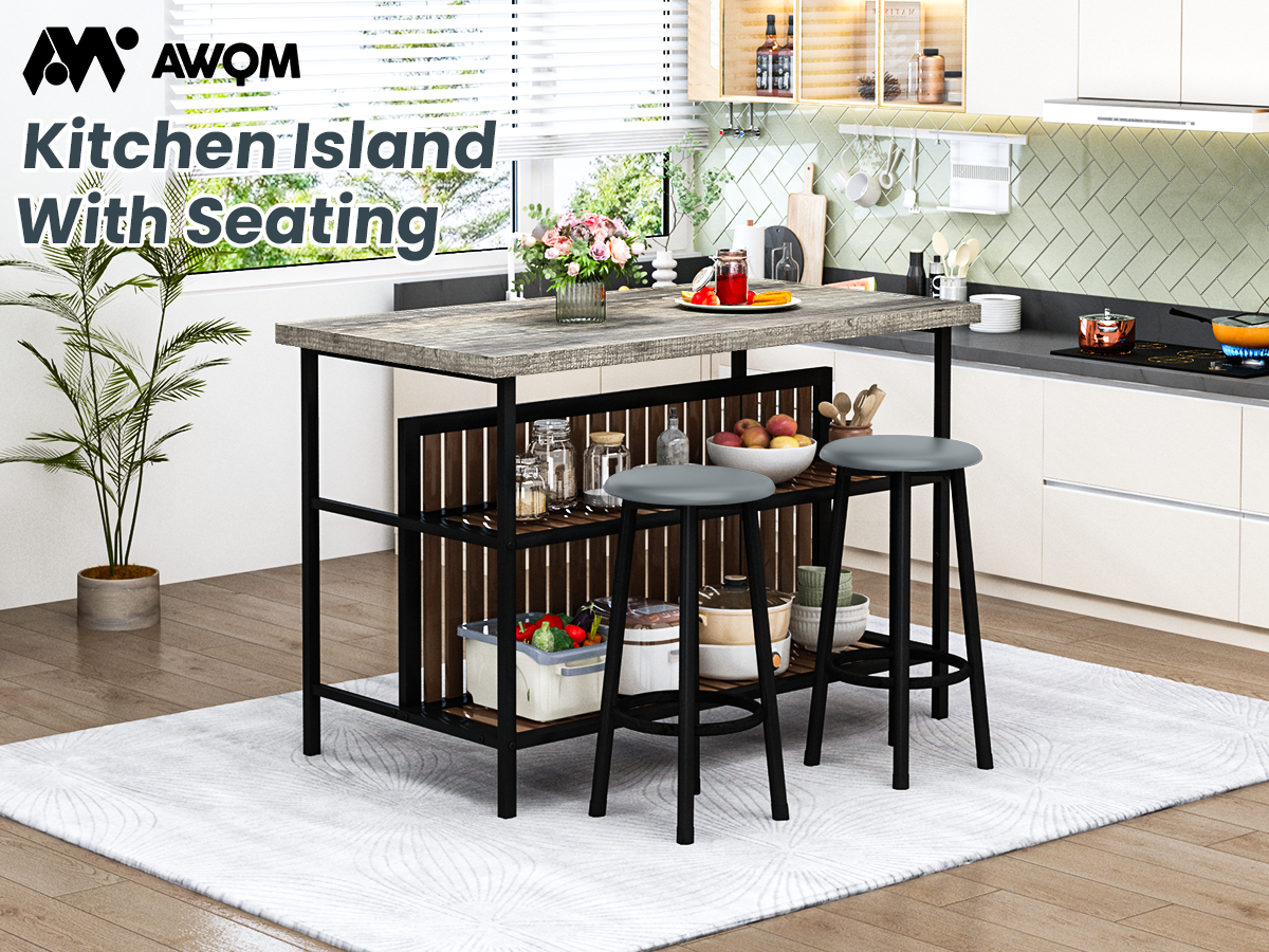 MIERES 48in Dining Table for 4-6, Dining Leisure Table with Storage Shelves, 1.8" Thick Top, Scratch-Resistant, Natural Wood Finish, Multi-Use for Dining Room Kitchen Office, Wood Finish