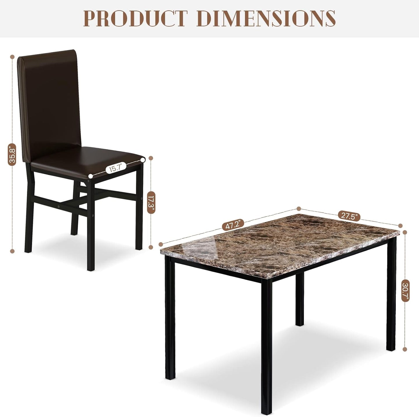 MIERES 5 Piece Dining Table Set for 4,Faux Marble Kitchen Table and Chairs for 4, Modern Dining Room Table with 4 Chairs,Dinner Table Set for Small Spaces, Brown