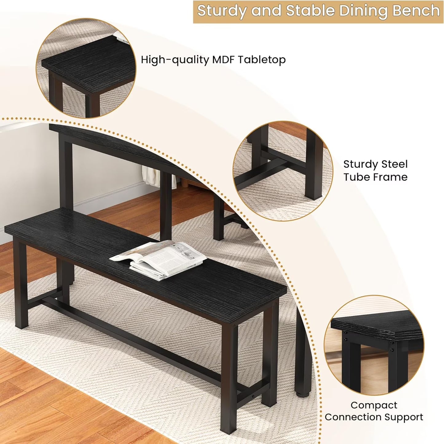 MIERES 2-Piece Dining Table Chair Bench Set, Thickened Steel Frame, Wood Bench, Industrial Style, for Kitchen and Dining Room-Black