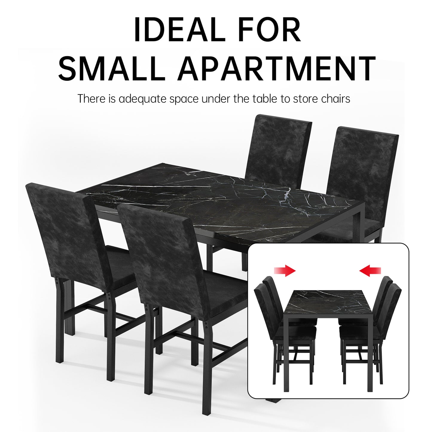 MIERES Products 5-Piece Marble Dining Set, Modern Kitchen Table and Chairs for Dining Room, Compact Space Saving Furniture, Dinette, 4 Upholstered Velvet Chairs