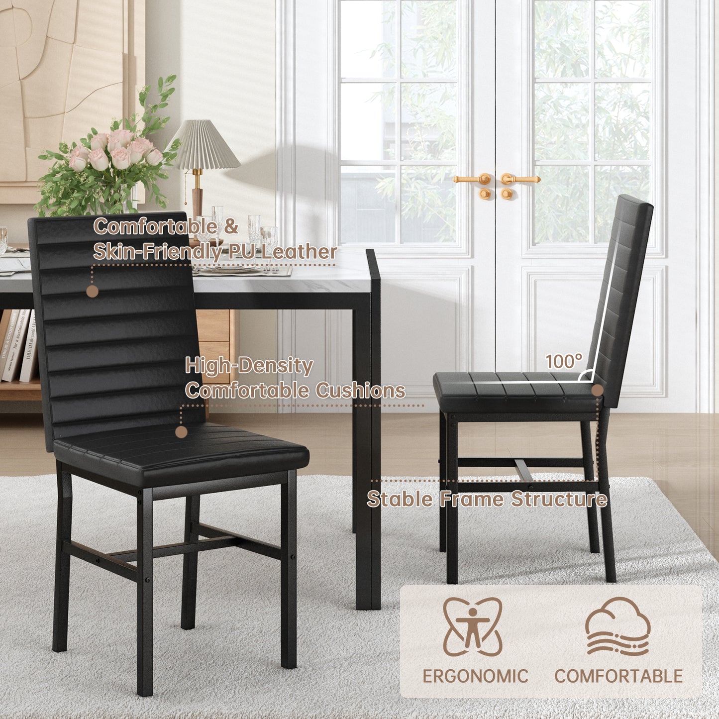 MIERES 4-Piece Dining Table Set for 4 - Faux Marble Kitchen Table with 4 PU Leather Chairs, Metal Frame, Easy Assembly, Small Space Friendly, Modern White & Black Dining Room Set