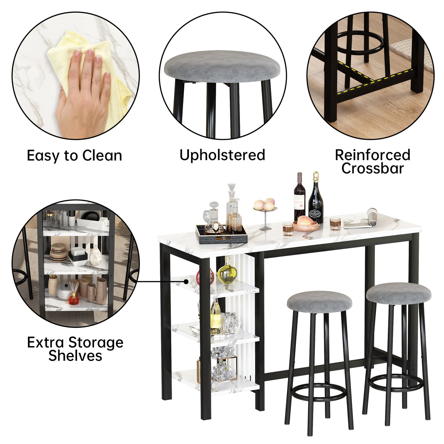 MIERES Bar Table Set with Storage Shelves, 47" Modern White Faux Marble Breakfast Table with 2 Velvet Stools, 3-Piece Dining Set for 2, Space Saving Table for Kitchen/Dining Room/Living Room/Studio