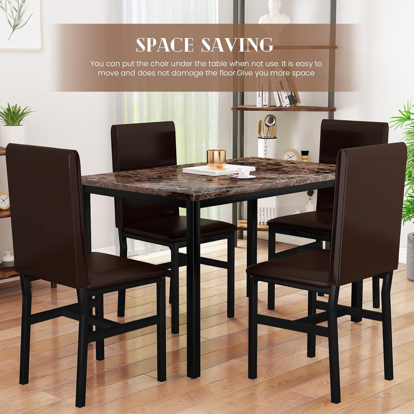 MIERES 5 Piece Dining Table Set for 4,Faux Marble Kitchen Table and Chairs for 4, Modern Dining Room Table with 4 Chairs,Dinner Table Set for Small Spaces, Brown
