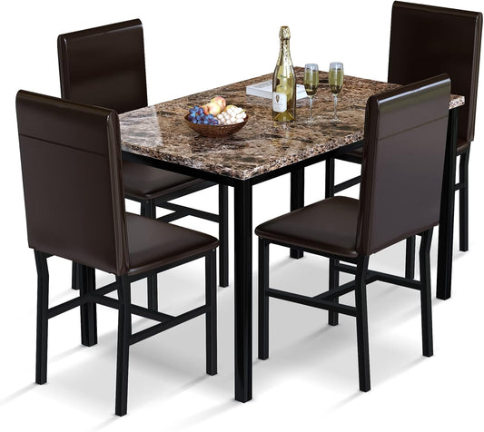 MIERES 5 Piece Dining Table Set for 4,Faux Marble Kitchen Table and Chairs for 4, Modern Dining Room Table with 4 Chairs,Dinner Table Set for Small Spaces, Brown