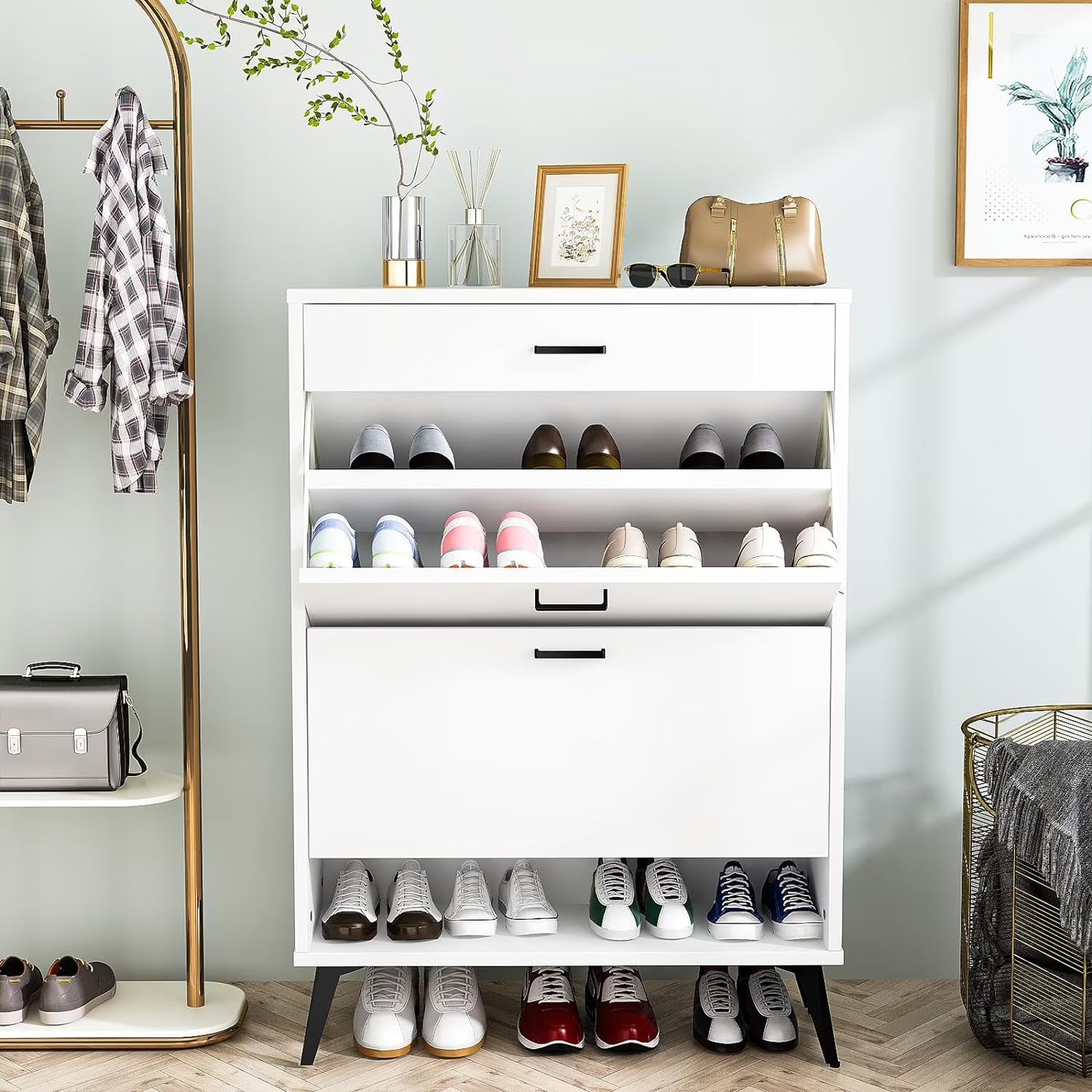 MIERES Shoe Storage Cabinet for Entryway, Free Standing Shoe Organizer with 2 Flip Drawers，Hidden Shoe Rack Storage Organizer for Doorway Hallway Closet, White