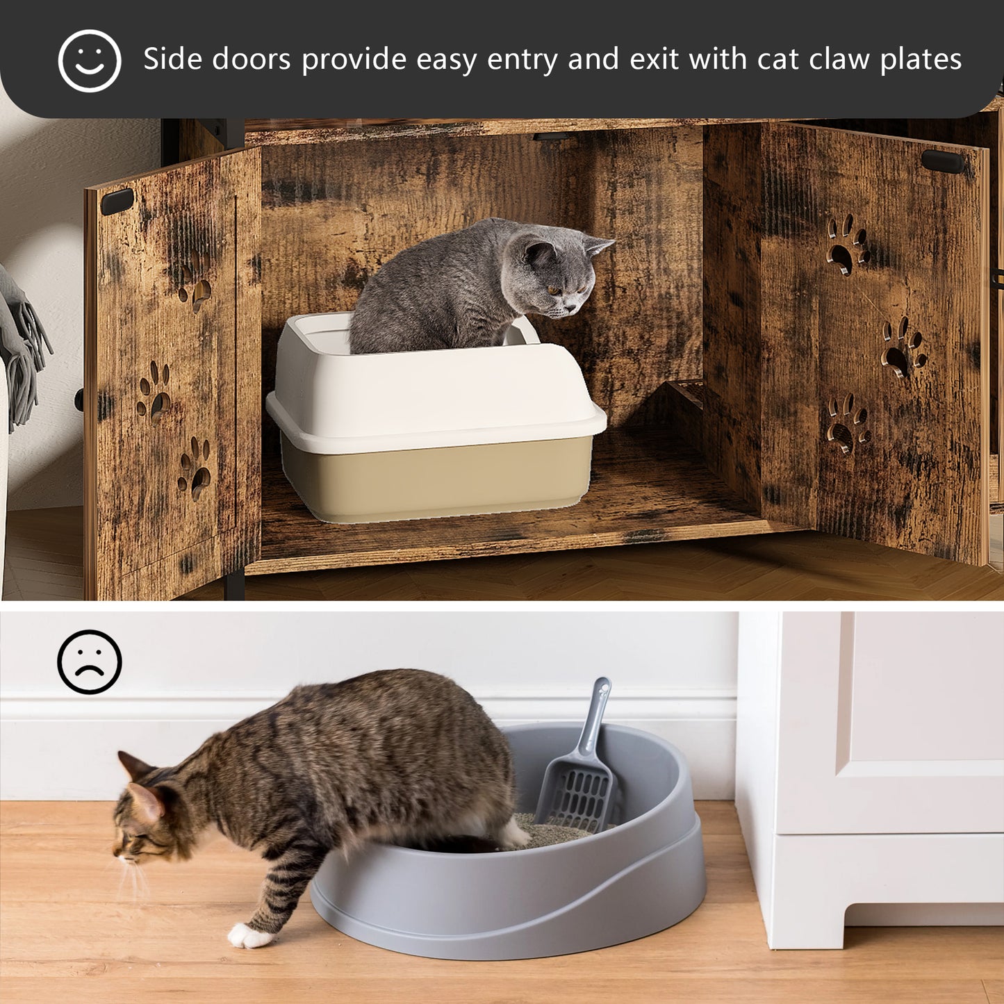 MIERES Large Cat Litter Box Enclosure with Shelf Storage, Hidden Cat Washroom Furniture, Wooden Cat House with Scratch Pad, Sturdy Indoor Cat Cabinet with 2 Doors, Rustic Brown