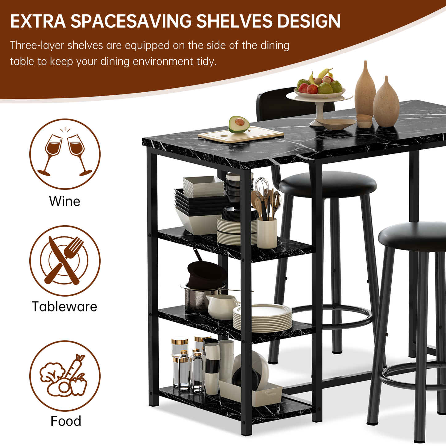 MIERES 2-Person Dining Set, 3-Piece Bar Table and Chair Set, Kitchen Counter-Height Dining Table Set, Compact Kitchen Dining Table with Storage, Small Space Breakfast Set